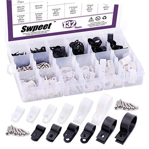 Swpeet 135 Pack 6 Sizes White+Black Nylon Plastic R-Type Mixed Assortment Kit