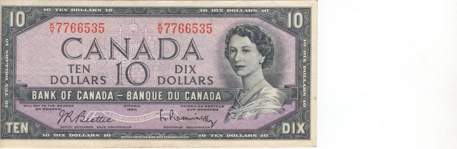 Bank of Canada 1954 $10 Ten Dollars Beattie-Rasminsky M/V Prefix VF+