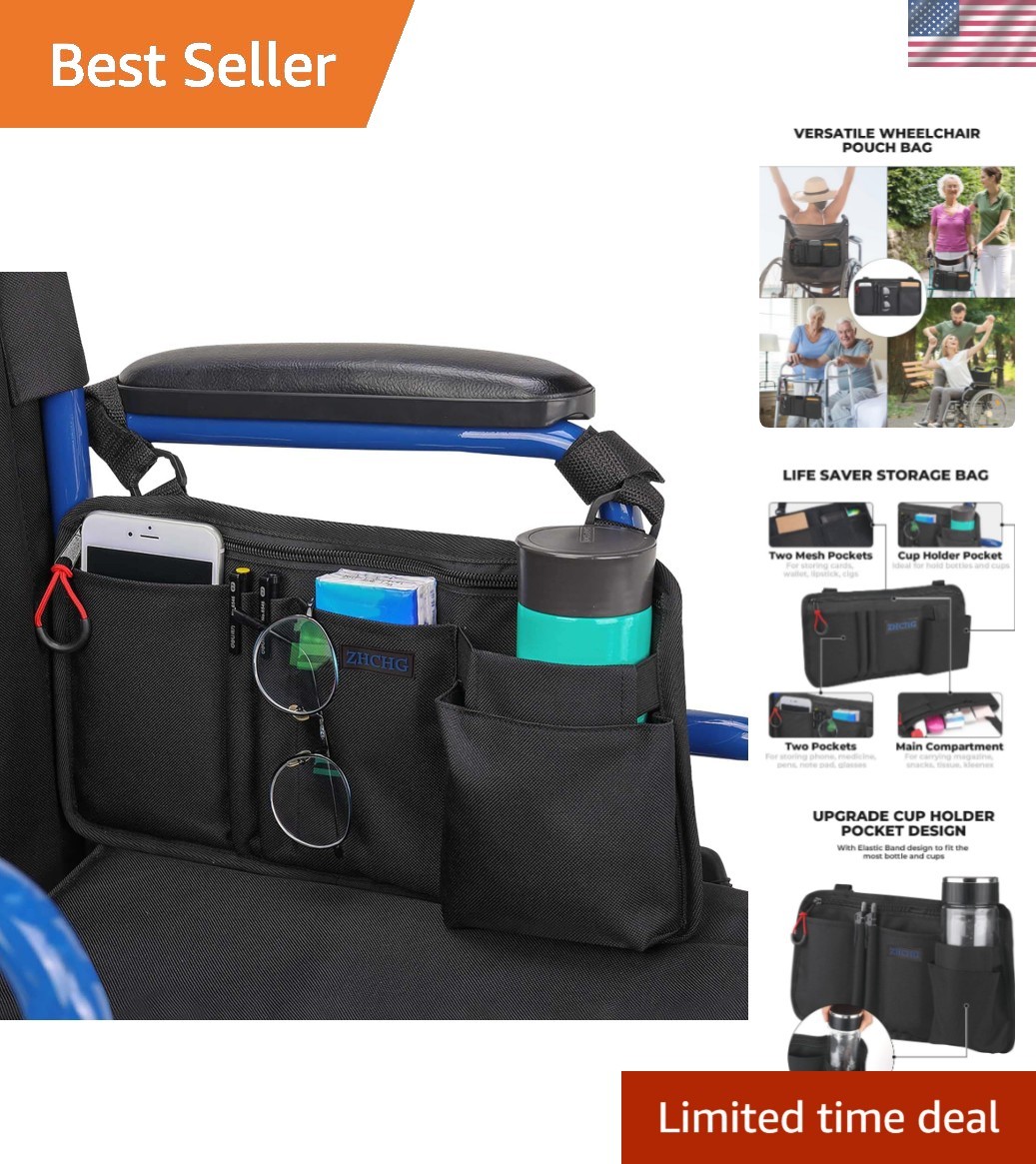 Wheelchair Side Bag with Cup Holder, Wheelchair Armrest Pouch Accessories for...