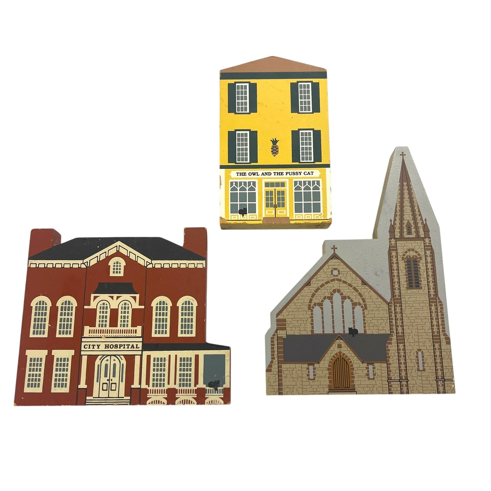 Vintage The Cat’s Meow Wooden Village Set – 3 Buildings – Rustic / As-Is