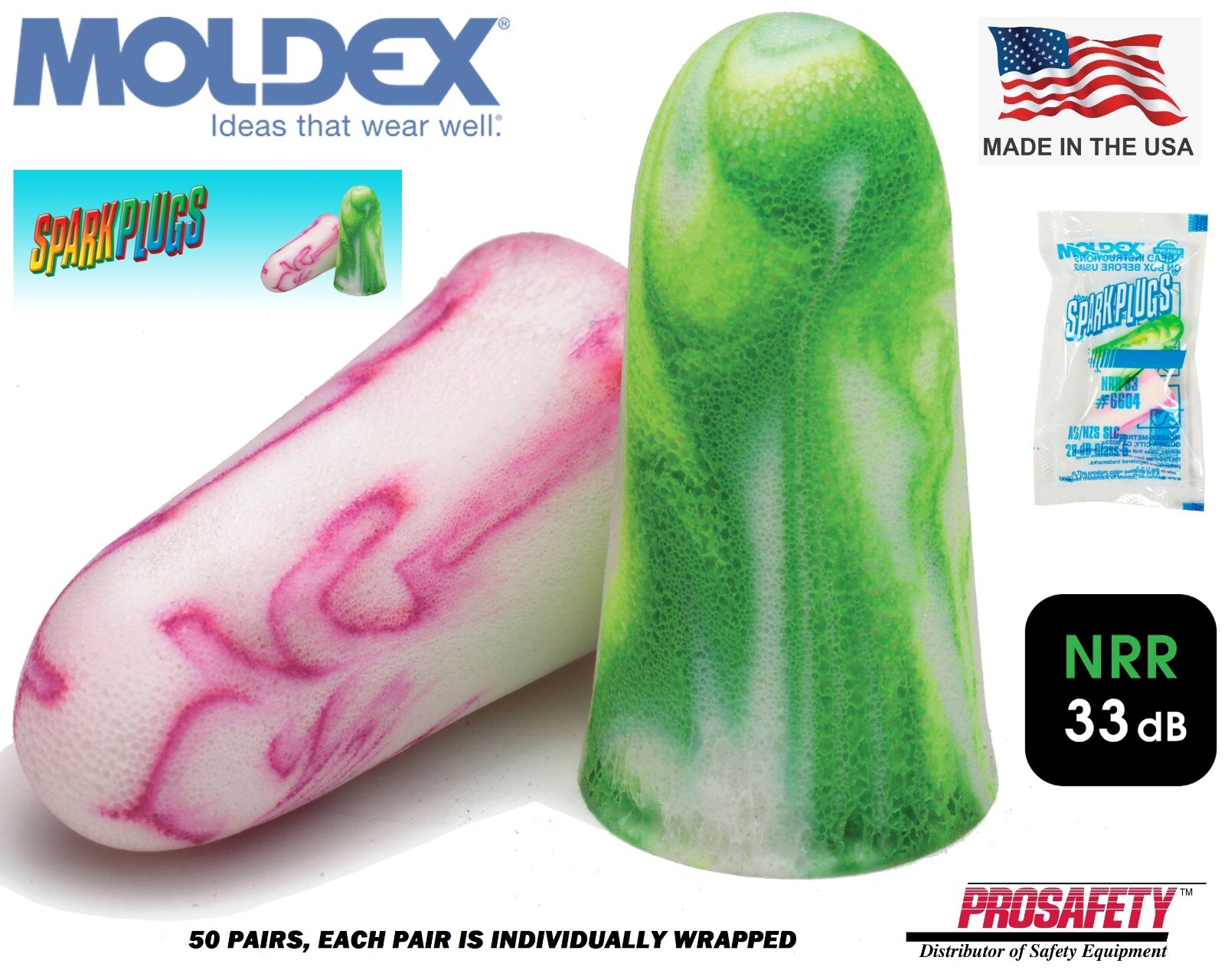 Moldex 6604 Sparkplugs 50 PAIR UNCORDED Individually Sealed Foam Ear Plugs NRR33