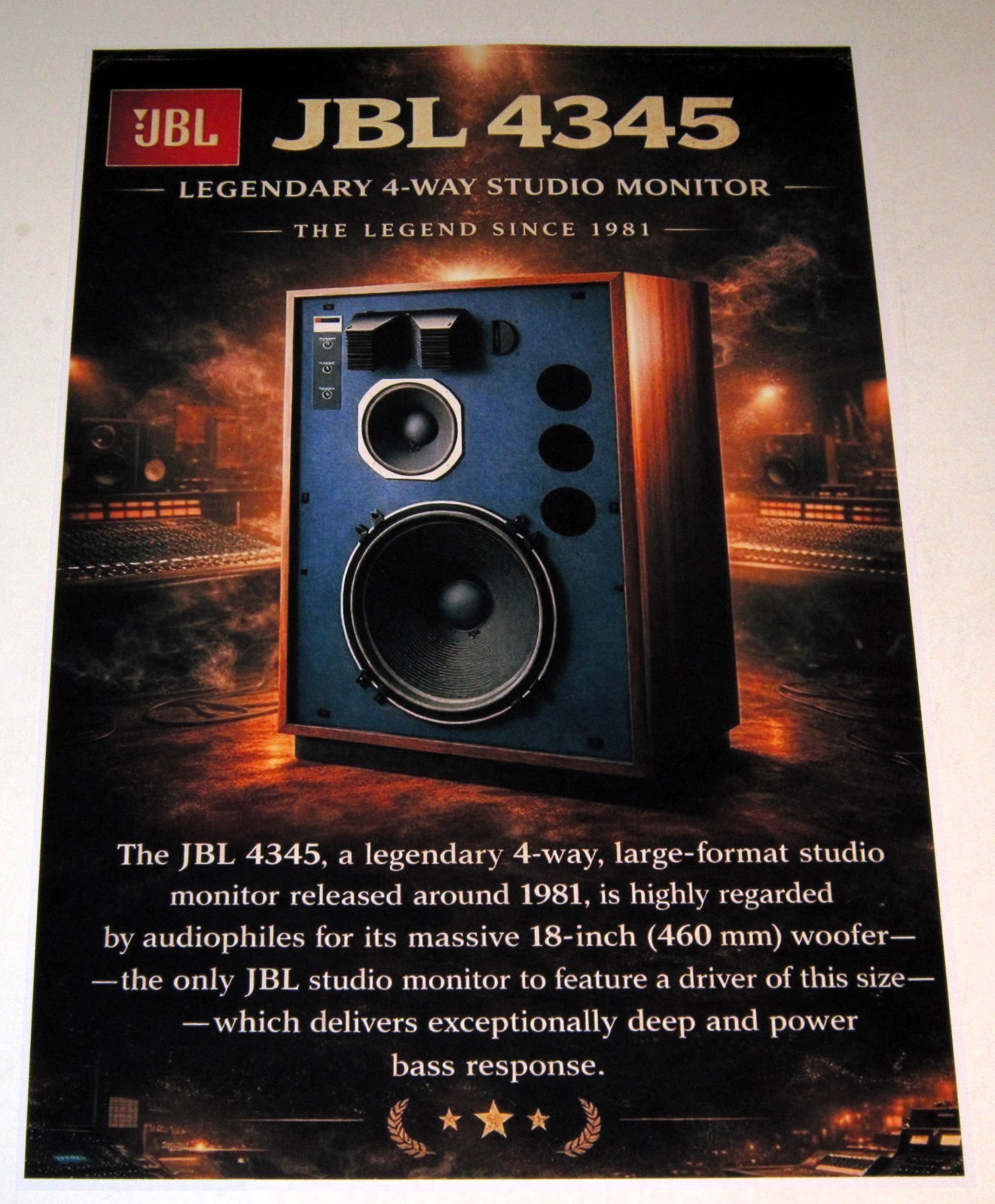 JBL 4345 Studio Monitor (4 way) Poster 19" x 13" Audiophile Vintage Speaker! '81