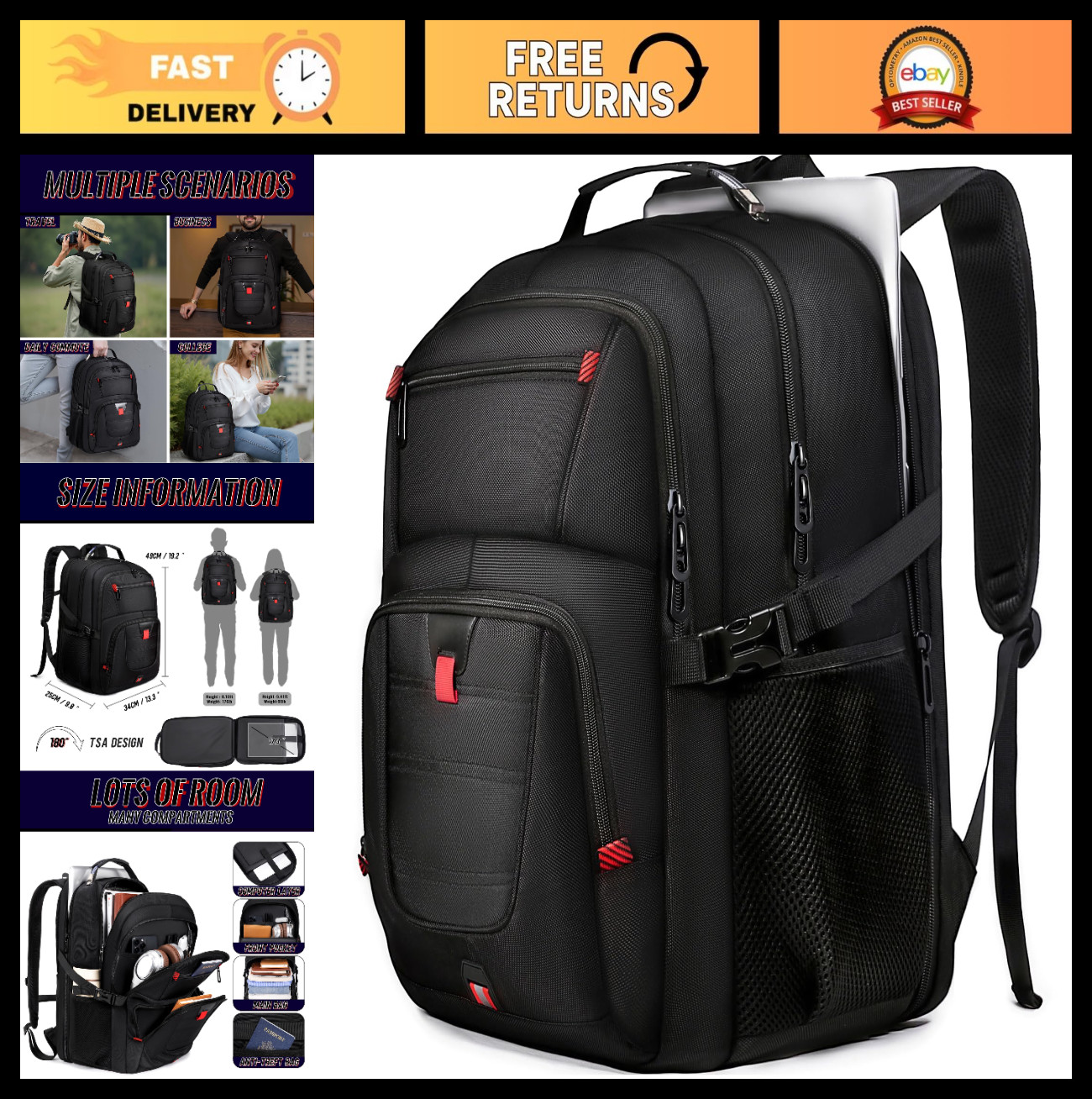 Extra Large TSA Friendly Travel Laptop Backpack for Men, Fits 17" Computer, Blac