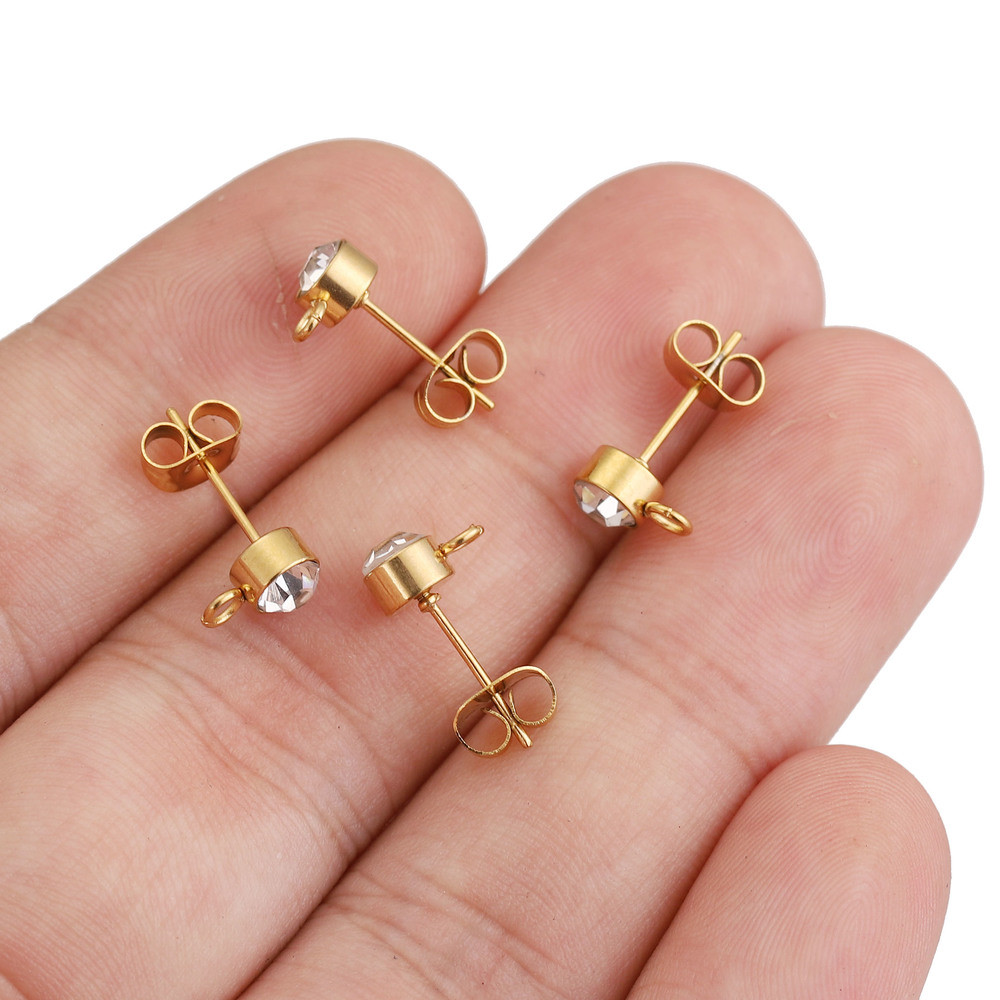 Stainless Steel Clear Rhinestone Earring Posts Gold Ear Studs with Loop 50pcs