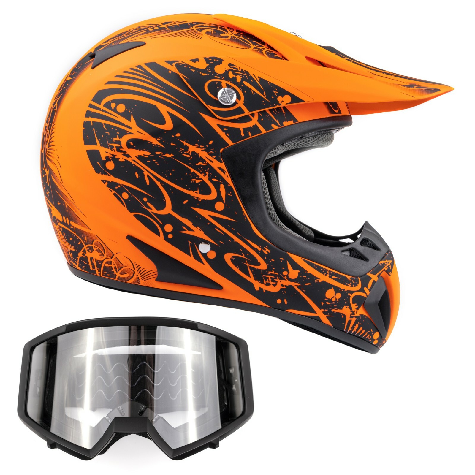 Adult Matte Orange Motocross Helmet Combo Black Goggles ATV UTV MX DOT Dirt-bike