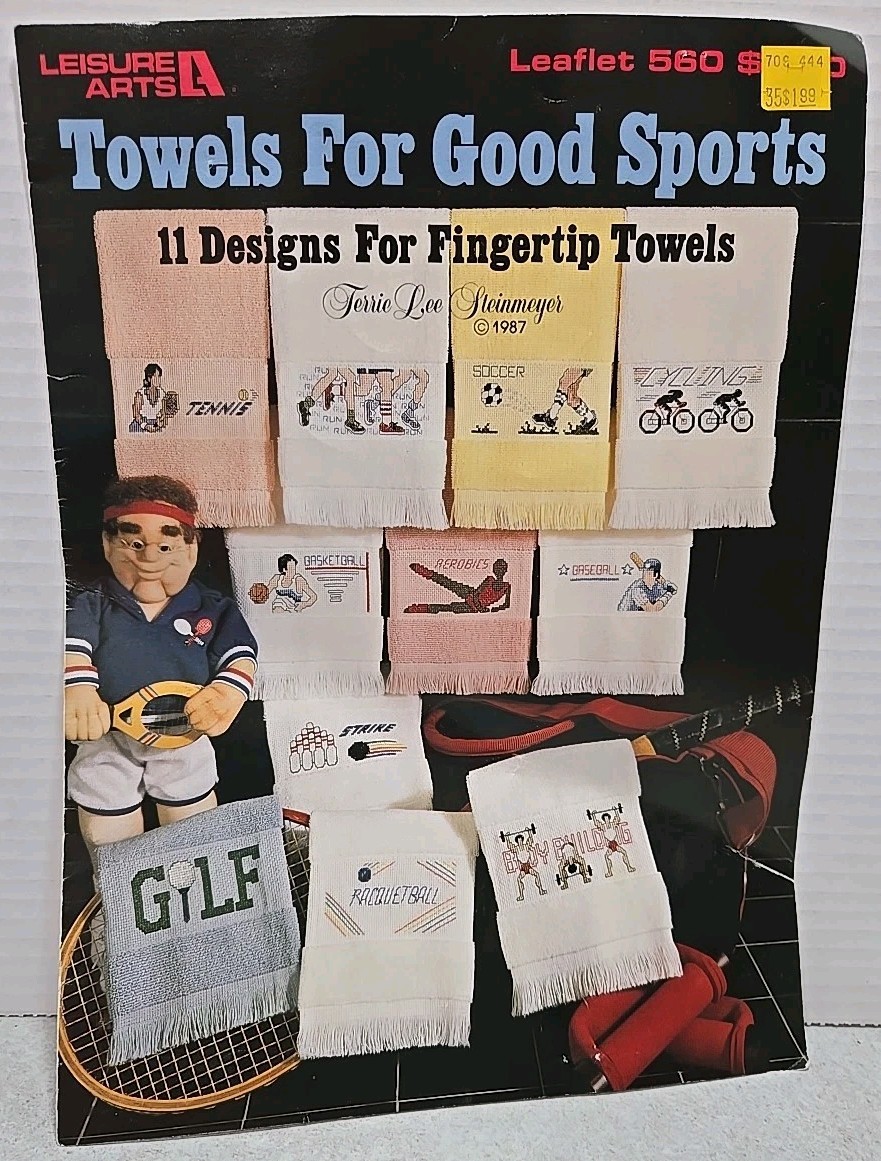 Vintage 1987 Leisure Arts Towels For Good Sports Cross Stitch Booklet Leaflet