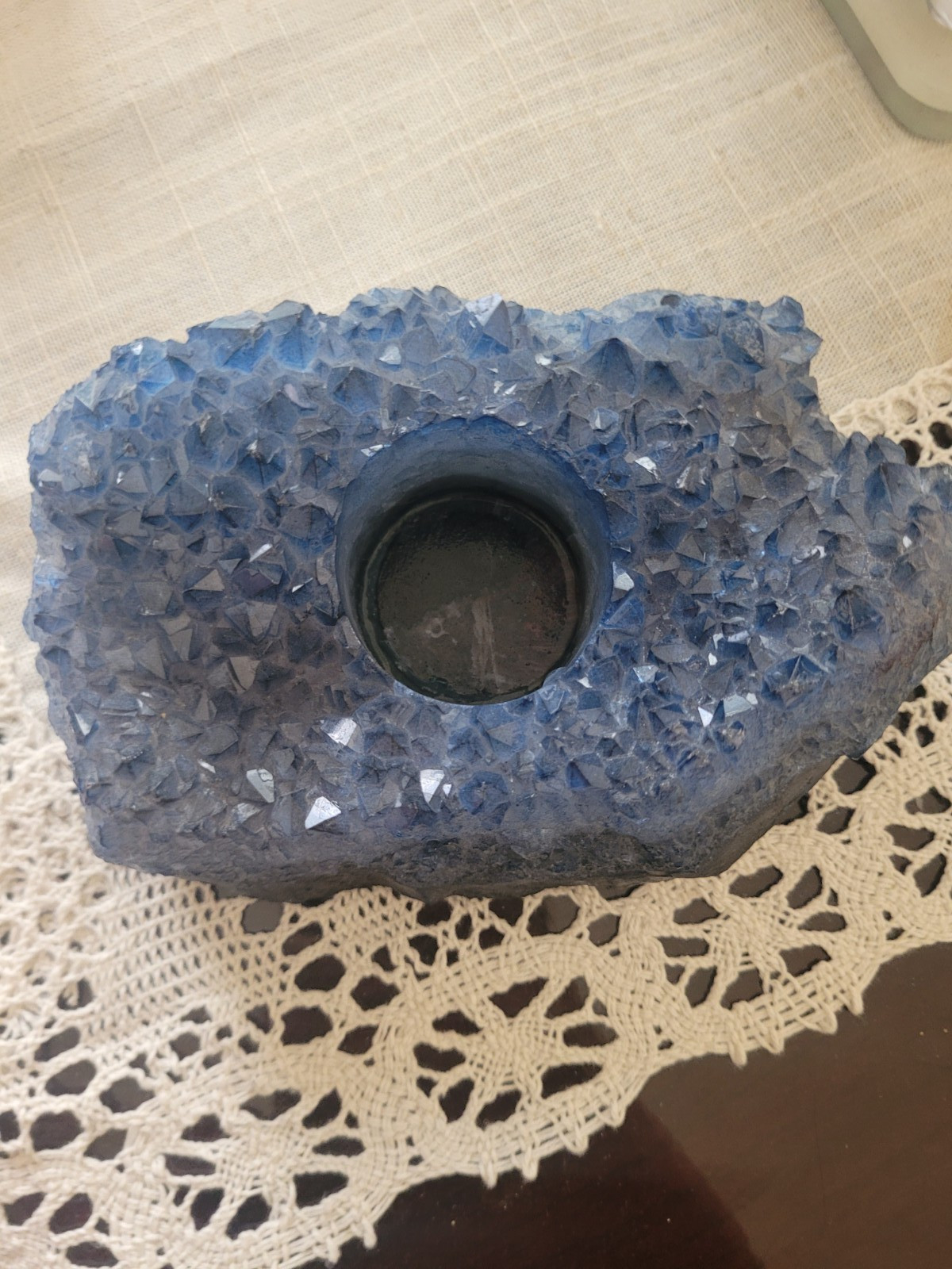 Blue Geode Stone Tealight Candle Holder, Free Standing, Glossy Finish 6 in