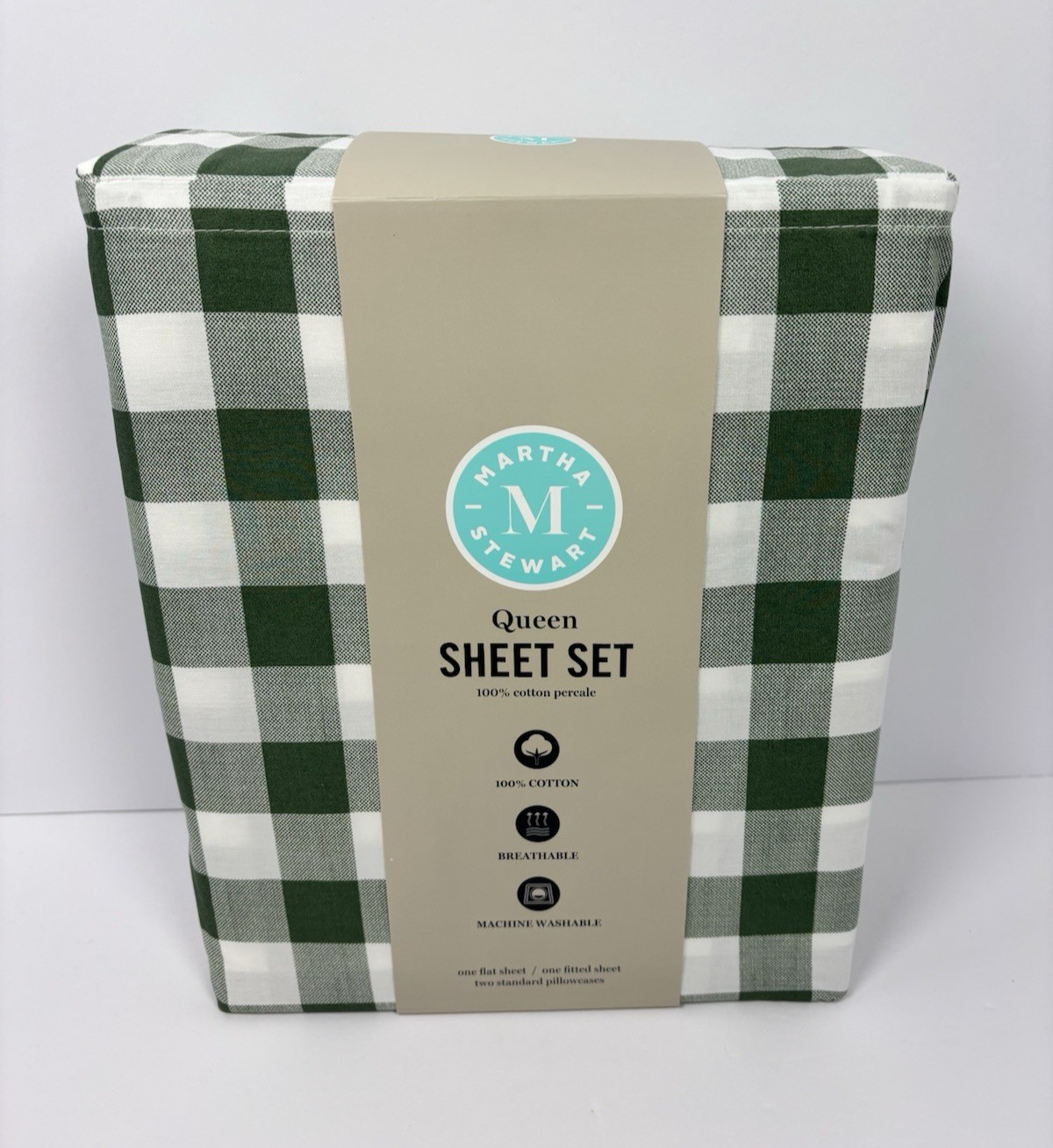 Martha Stewart Madison Gingham Queen Sheet Set Green White Cotton Percale