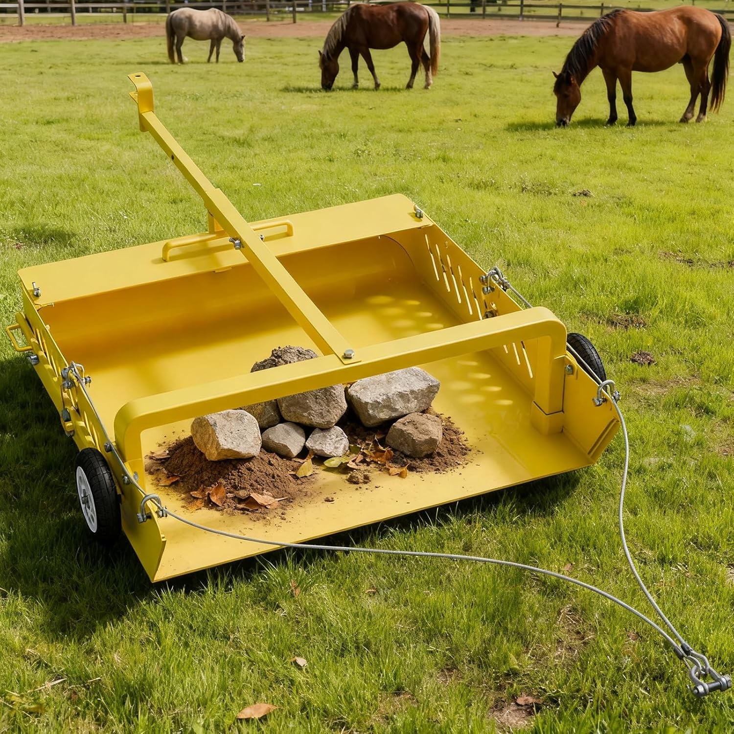 Yellow 2-in-1 Horse Manure Scoop Tow Behind Pasture Manure Scoop for ATV Tractor