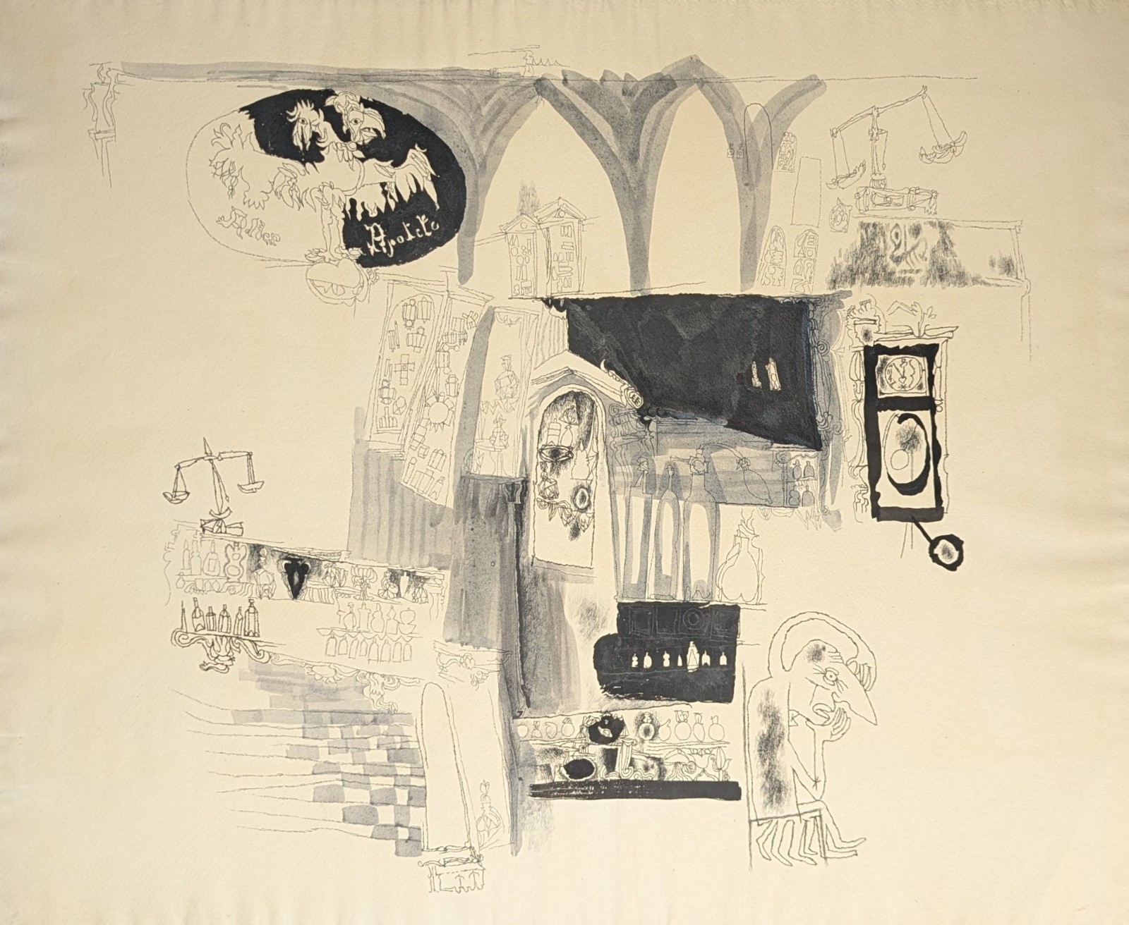 Fritz Kreidt, abstract room composition, drawing, unsigned