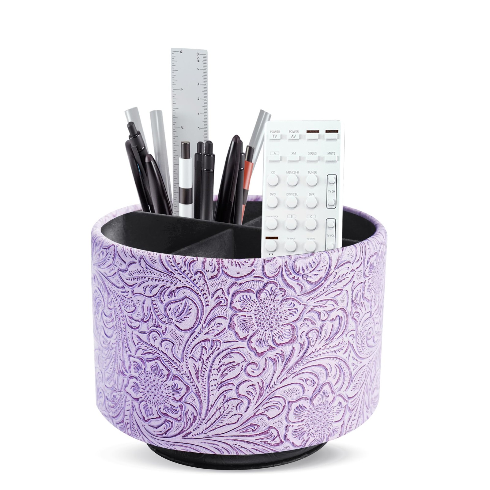 Round Purple Leather Art Supply Organizer 360 Spinning Pencil Remote Holder