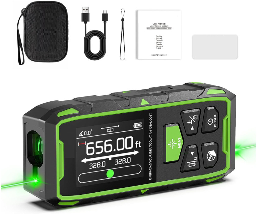 Medidor Láser Digital Recargable 200 m con Haz Verde, Pantalla LCD y 6 Unidades.