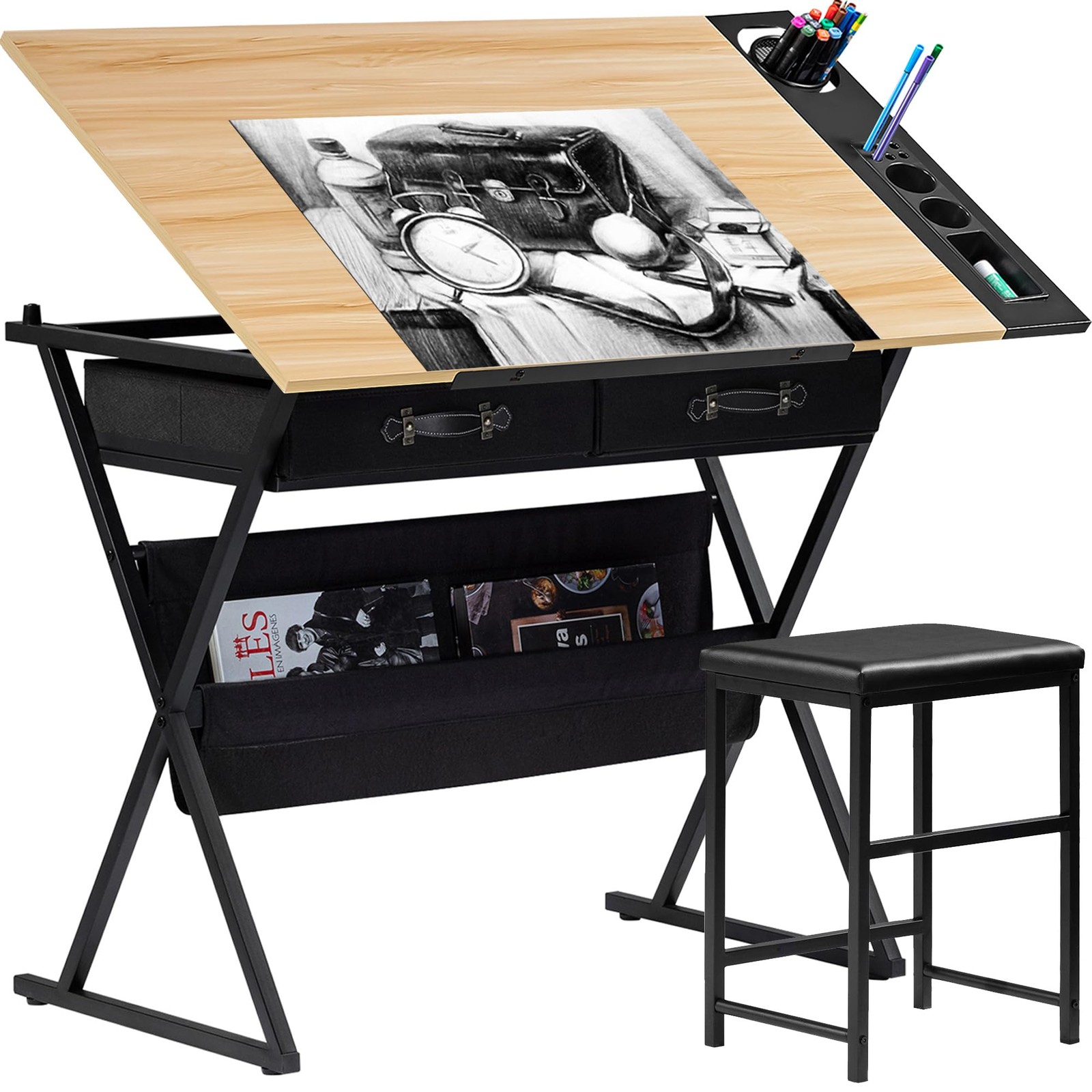 VECELO Drafting Table Art Desk 40.2" x 23.7" x 29.5", Natural