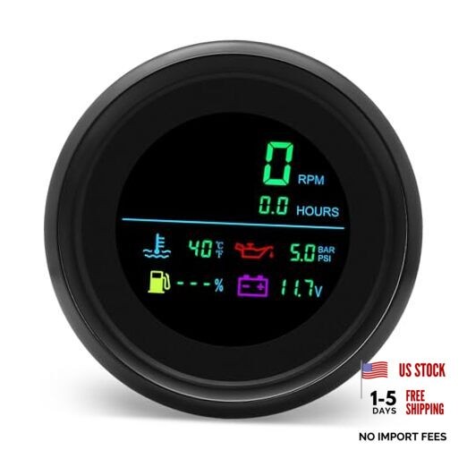 6-in-1 Digital Gauge: Tachometer (0-19999 RPM), Hour Meter, Water Temp (℉/℃),