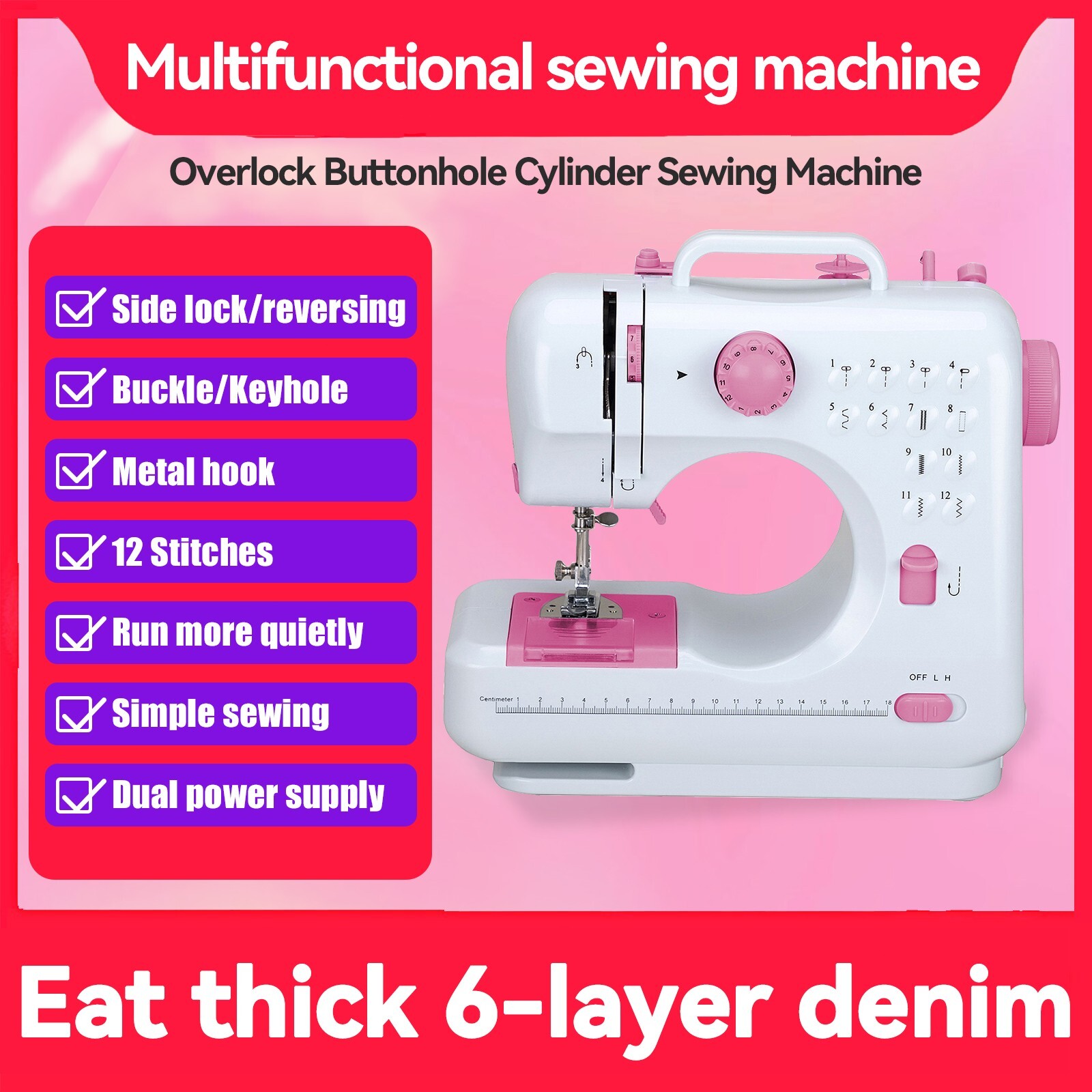 Mini Electric Sewing Machine 12 Stitches Double Thread Portable US Plug Pink