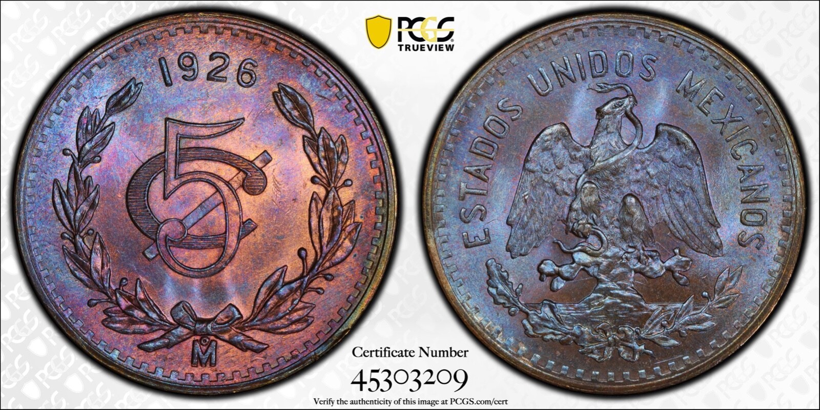 MEXICO ESTADOS UNIDOS 1926  5 CENTAVOS COIN PCGS CERTIFIED UNCIRCULATED MS65-RB