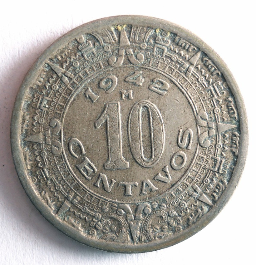 1942 MEXICO 10 CENTAVOS - Excellent Coin - FREE SHIP - Mexico Bin #1000