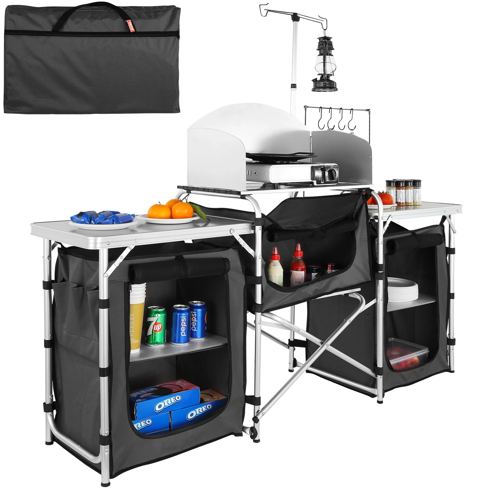 Camping Outdoor Kitchen Table Cabinet Foldable Folding Cooking Storage Rack