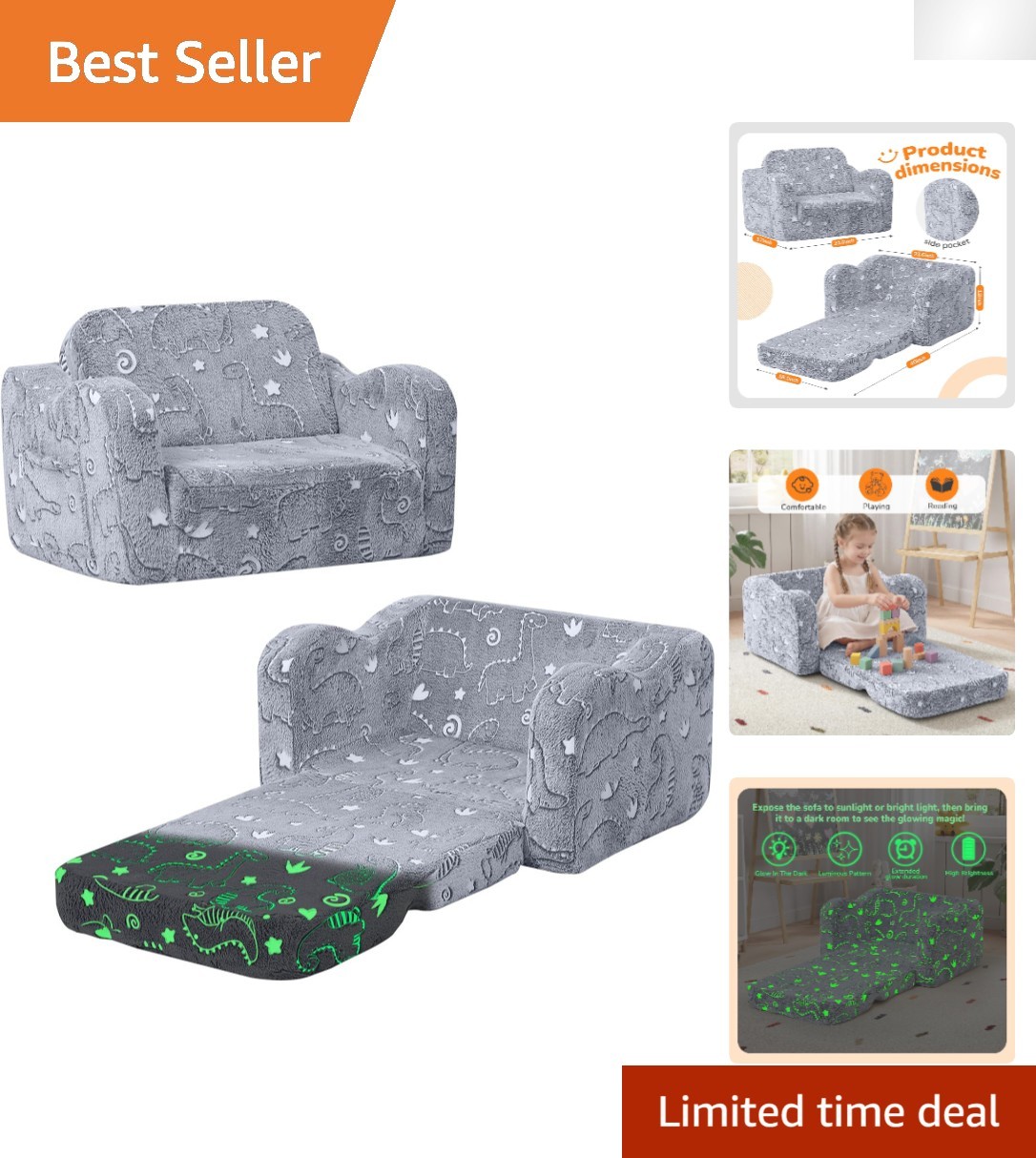 Convertible Kids Couch: Glow-in-the-Dark Dinosaur Design for Playful Rooms