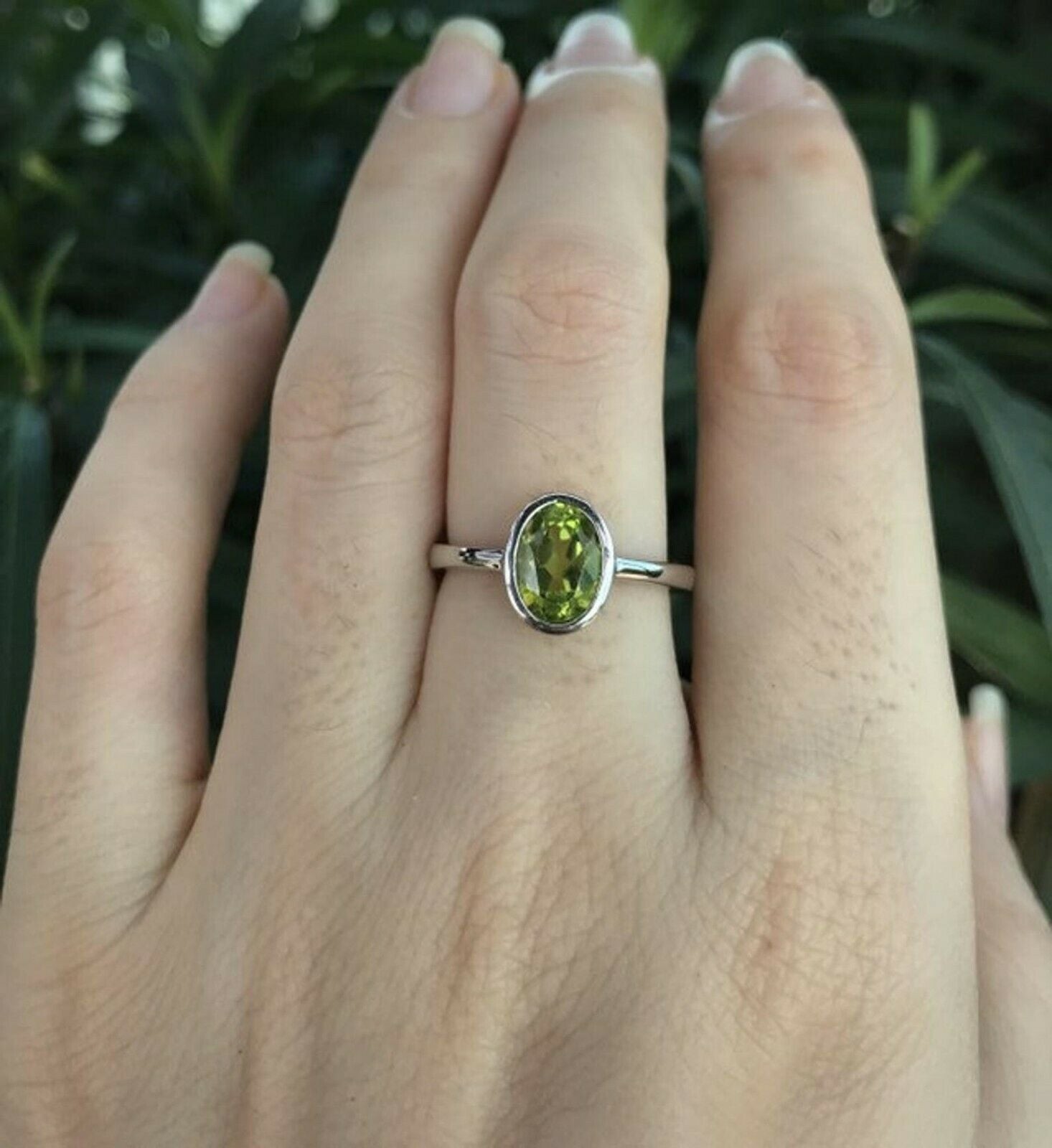 1ct Natural Oval Green Peridot Ring Bezel Set Solitaire 14k White Gold Plated