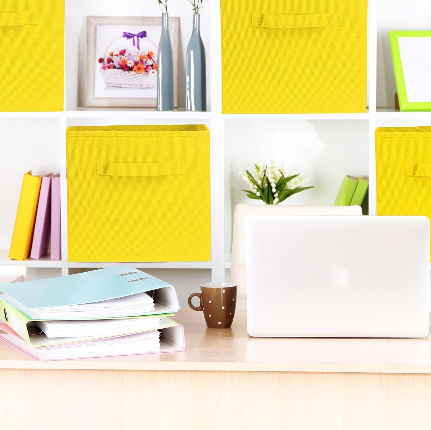 Space-Saving 6-Pack Yellow Foldable Cube Bins - Lightweight and Sturdy Design
