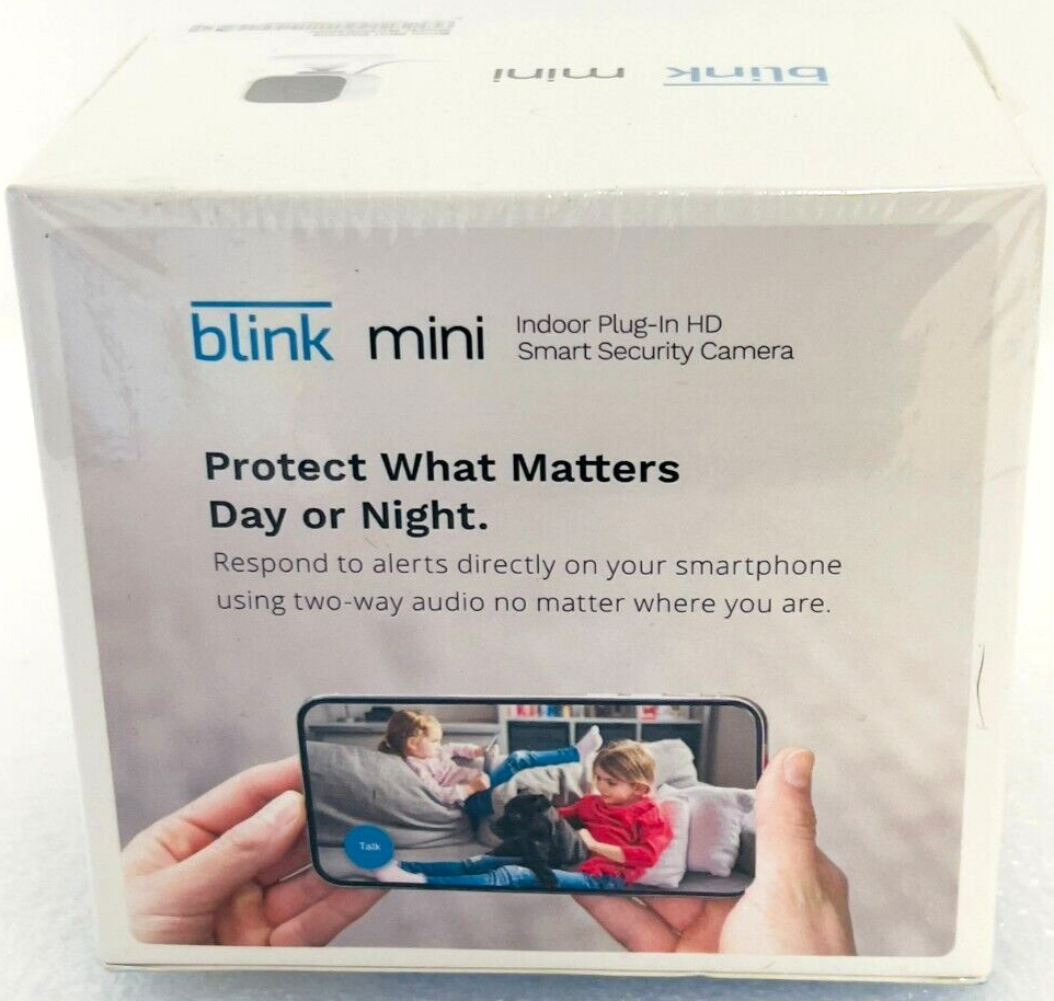 Blink Mini Compact indoor plug-in smart security camera 1080p HD, New