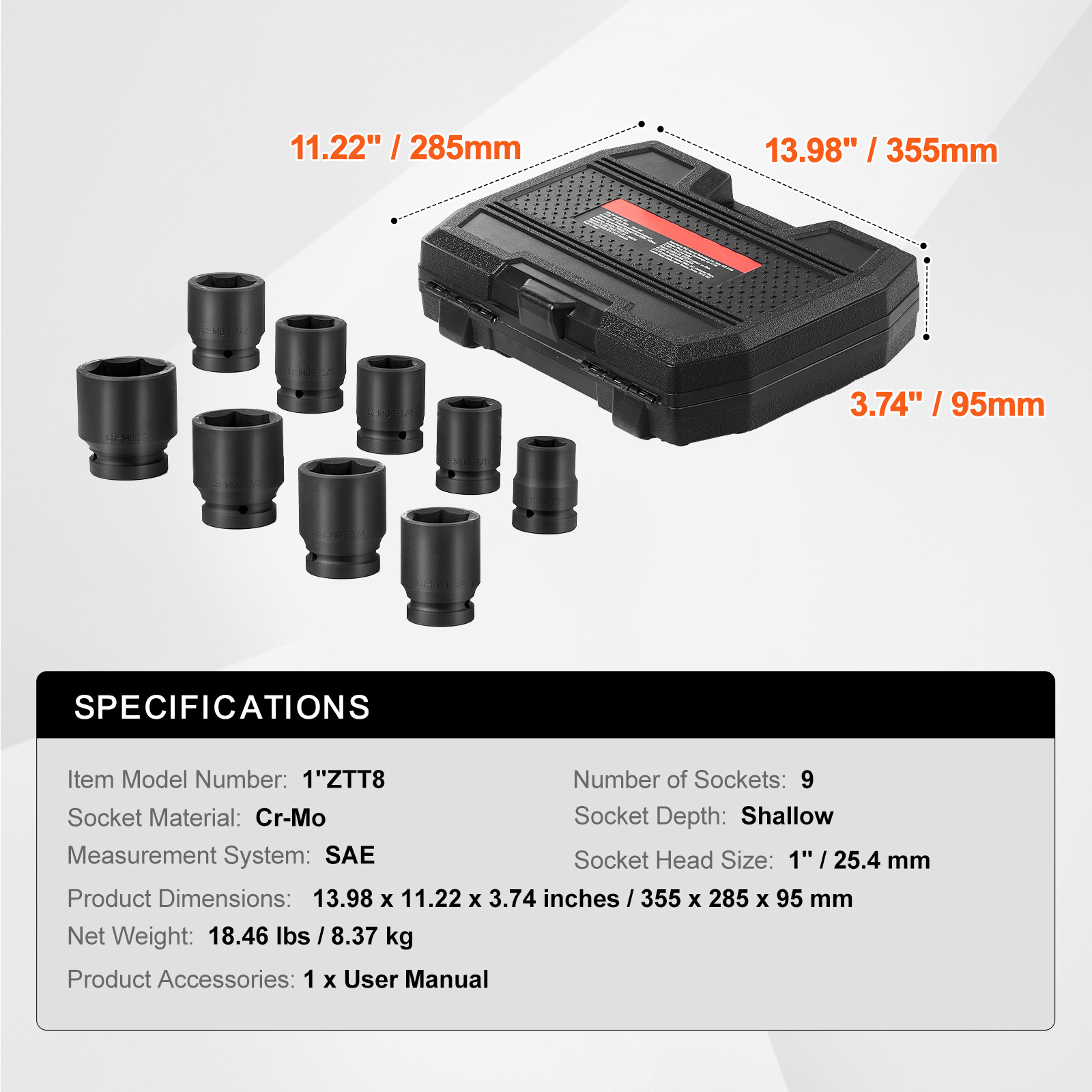 Axle Nut Impact Socket Set 1" Drive 6-Point 9PCS SAE Spindle Nut Socket