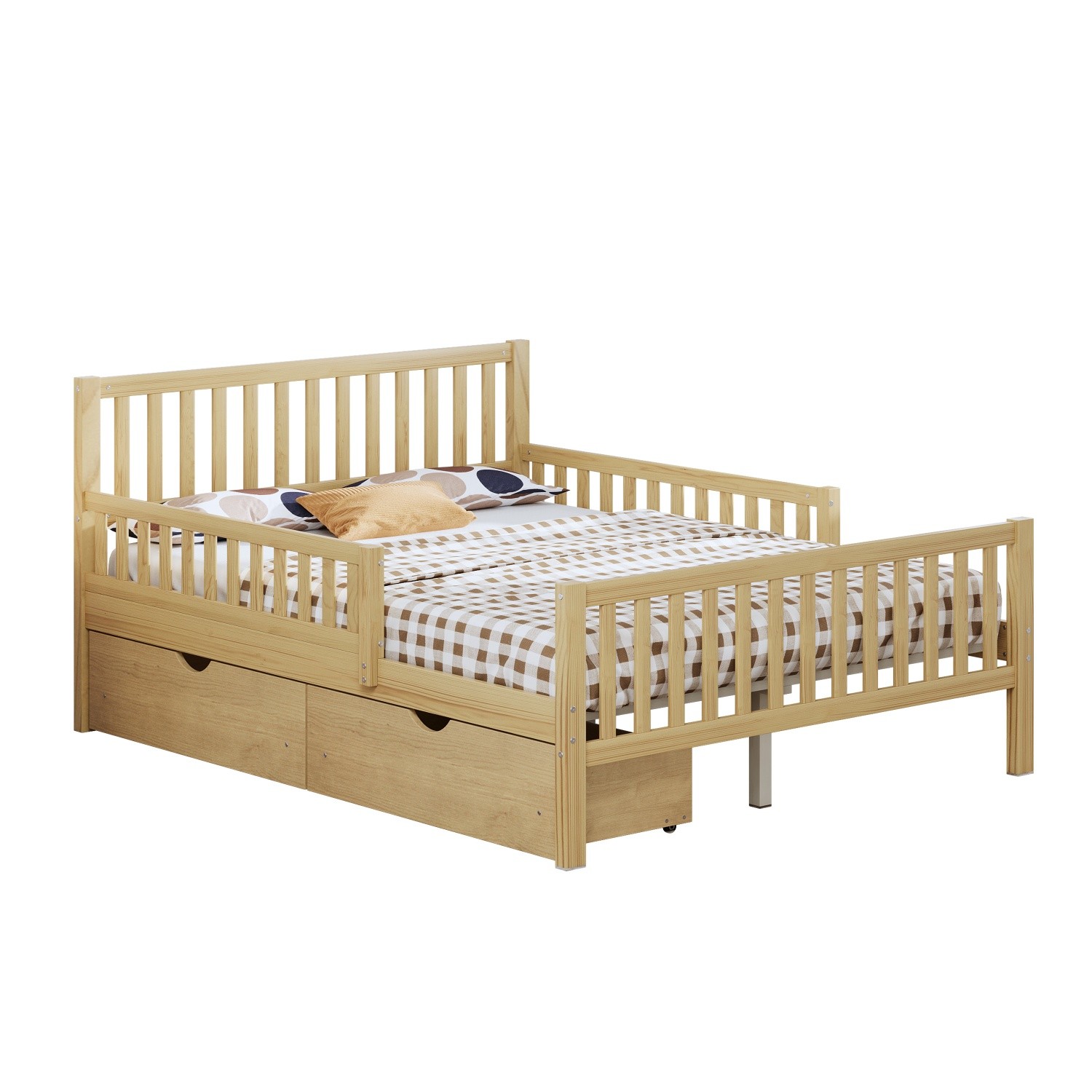 Full Size Wood Platform Bed Frame with 2 Drawers and Guardrails Natural/Walnut