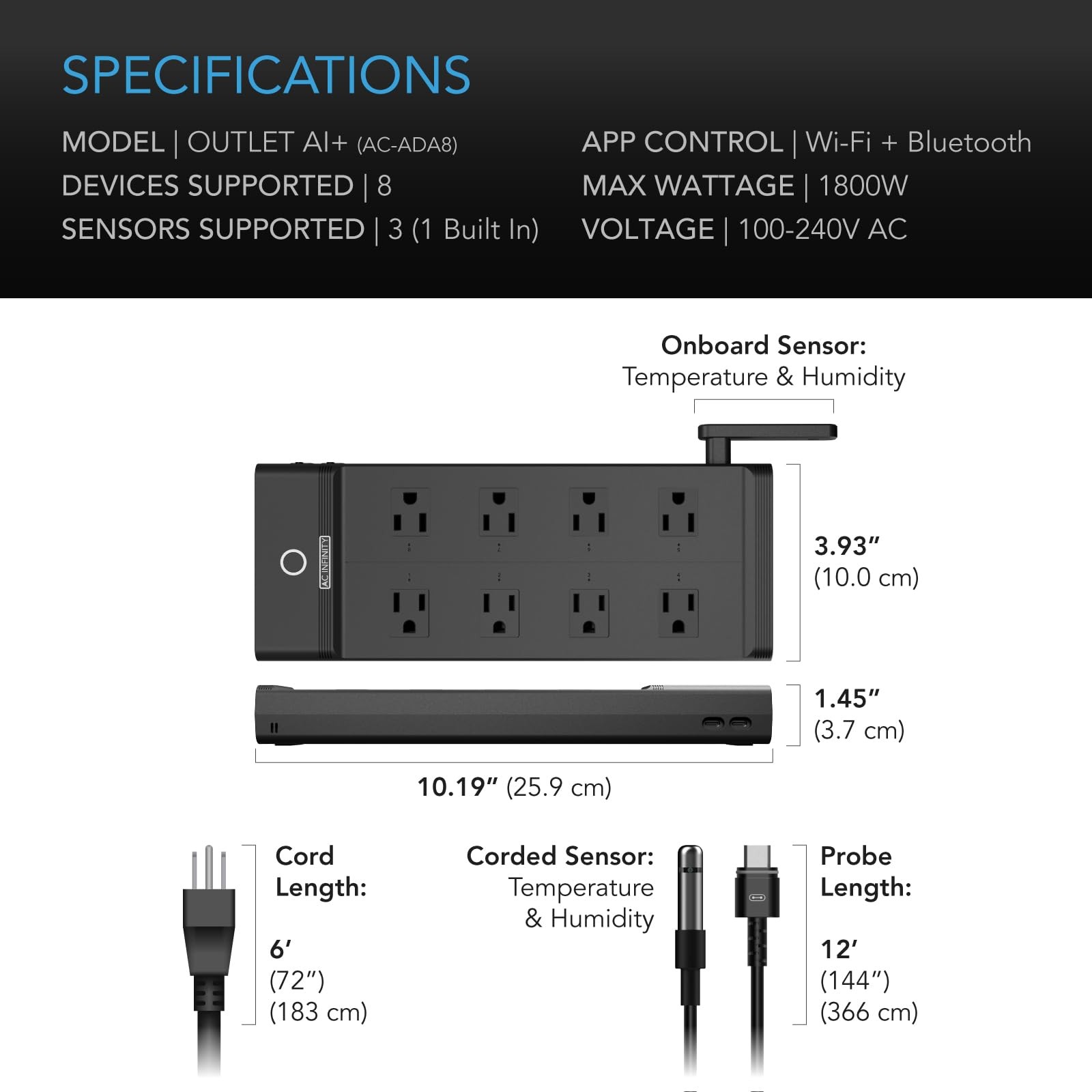 AC Infinity Outlet AI+, Environment Controller, Smart WiFi Power Strip, Black