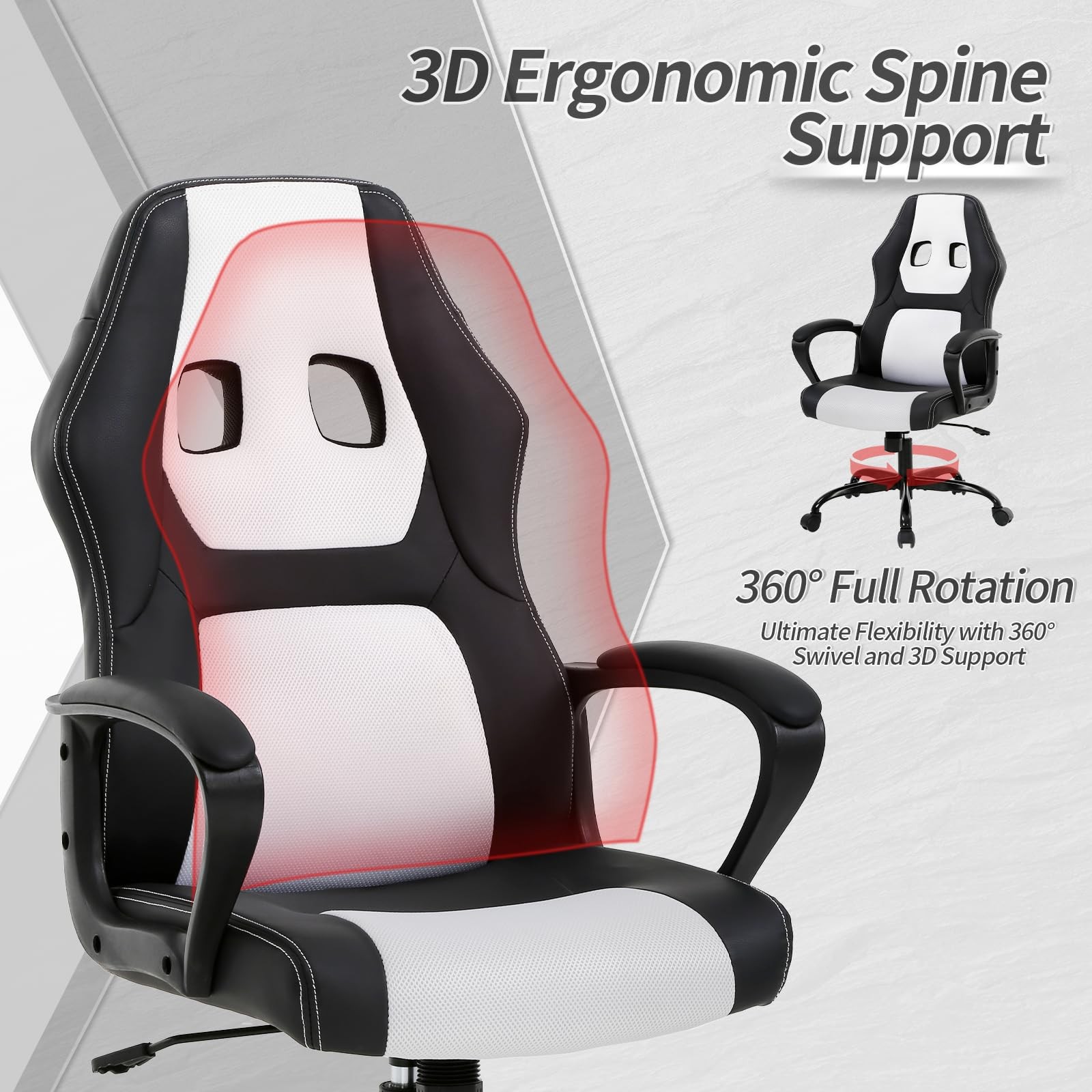 Office Chair Ergonomic Gaming High Back 1'6" x 1'7" x 3'9", White