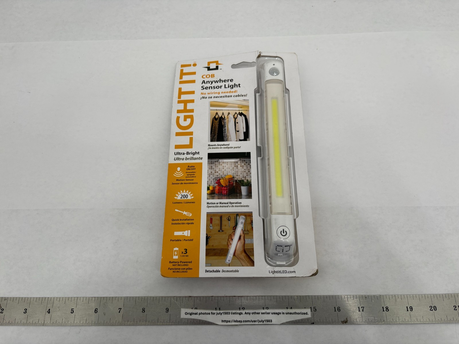 NEW Light It! Anywhere COB LED Sensor Light - No Wiring Needed - 2 Bright Levels