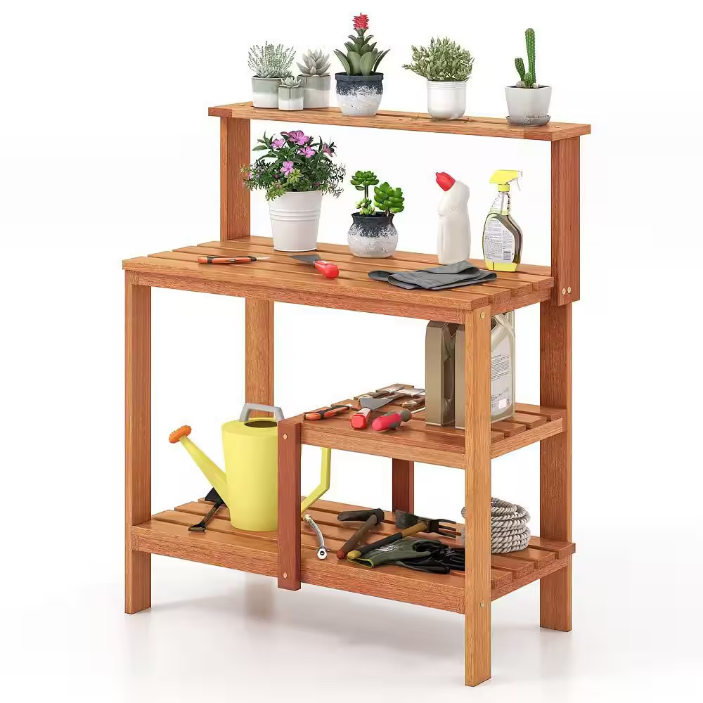 Outdoor Potting Bench Table W/Open Shelves Teak Oil Finish Gardening Workstation