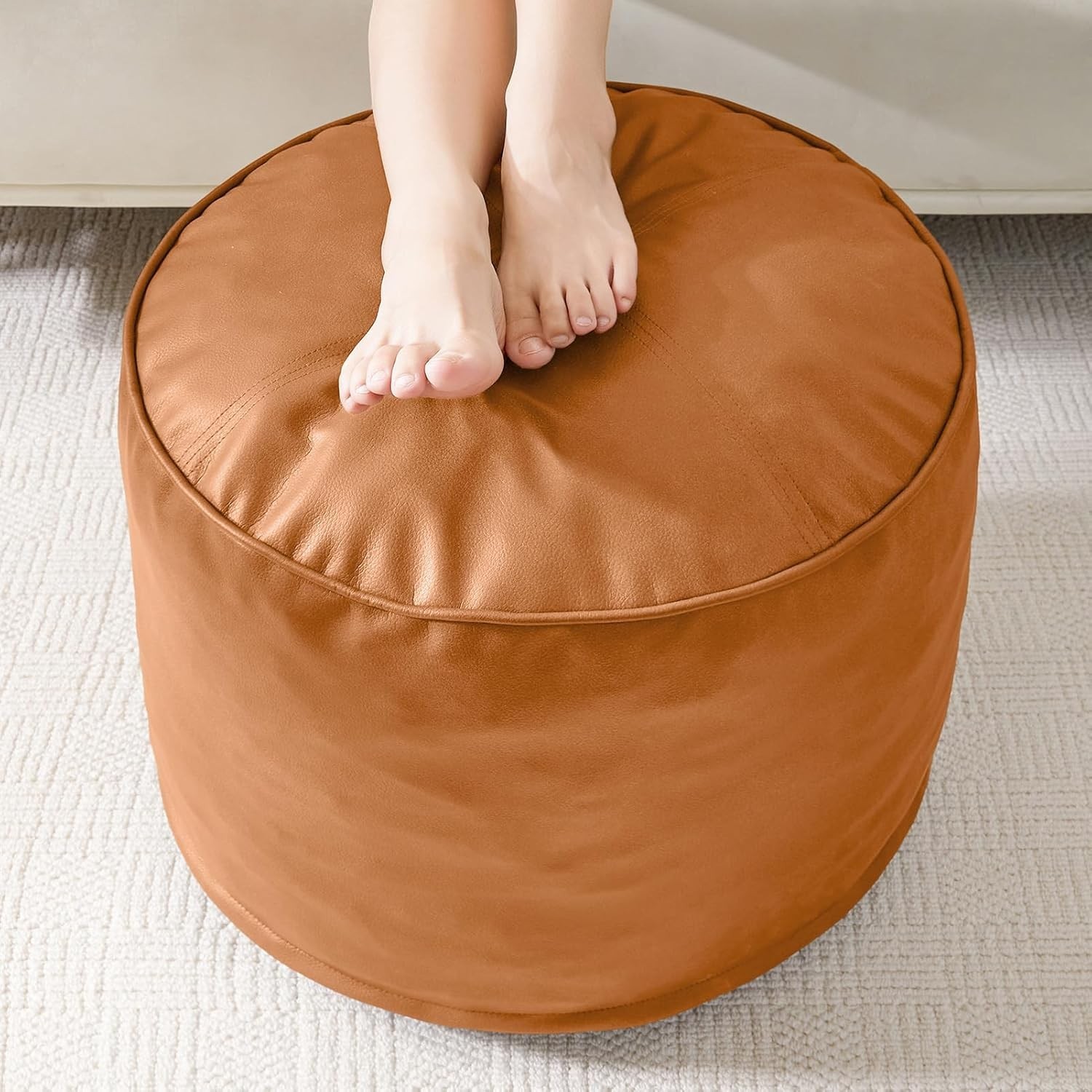 Round Stuffed Pouf Ottoman Pu Leather Poufs W/ Foam Chunk Filling Furry & Fluffy