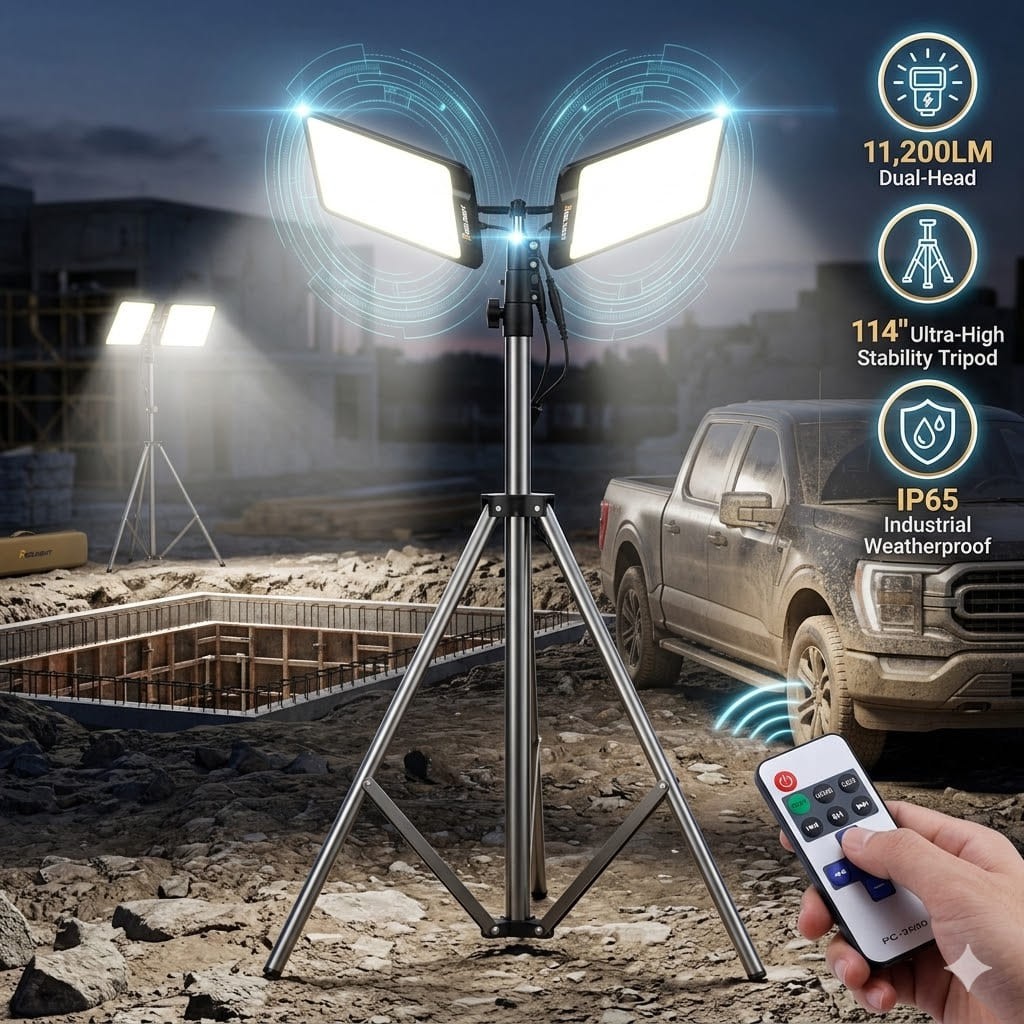 11200LM LED Work Light -Dual-Head Tripod Coldlight w/Remote&114" Extendable Pole