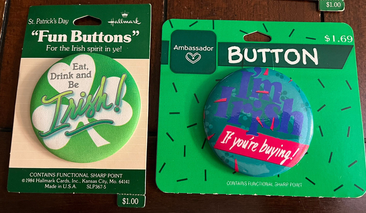 St. Patrick’s Day Fun 2 1/4 Inch Buttons/Pinbacks NOS Hallmark