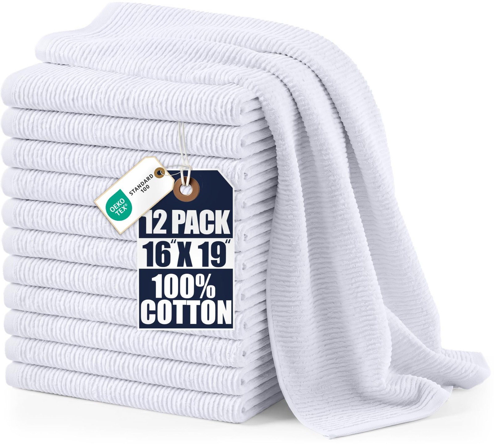 Ribbed Kitchen Bar Mops, 12 Pack, 16x19 in, Cotton, White
