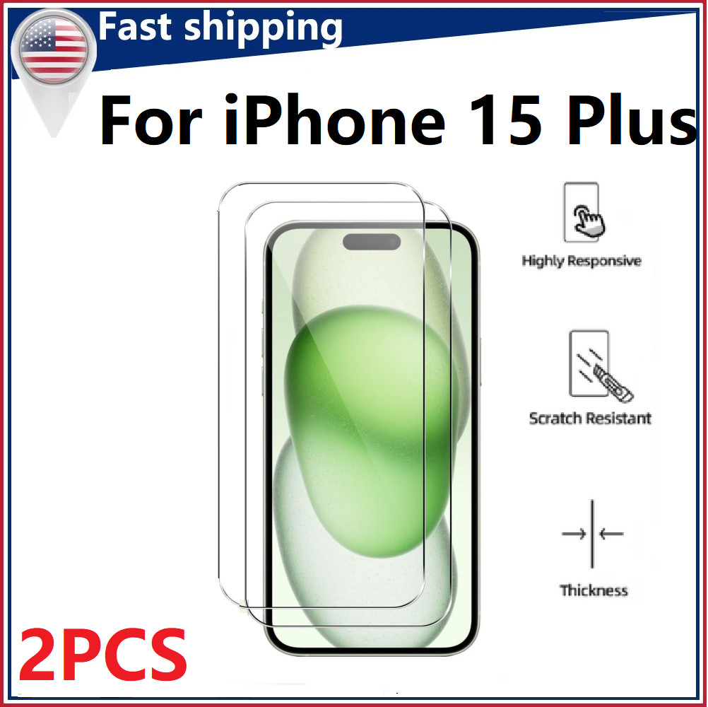 2 Pack For Apple iPhone 15 Plus Tempered Glass Screen Protector Glass Film Cover