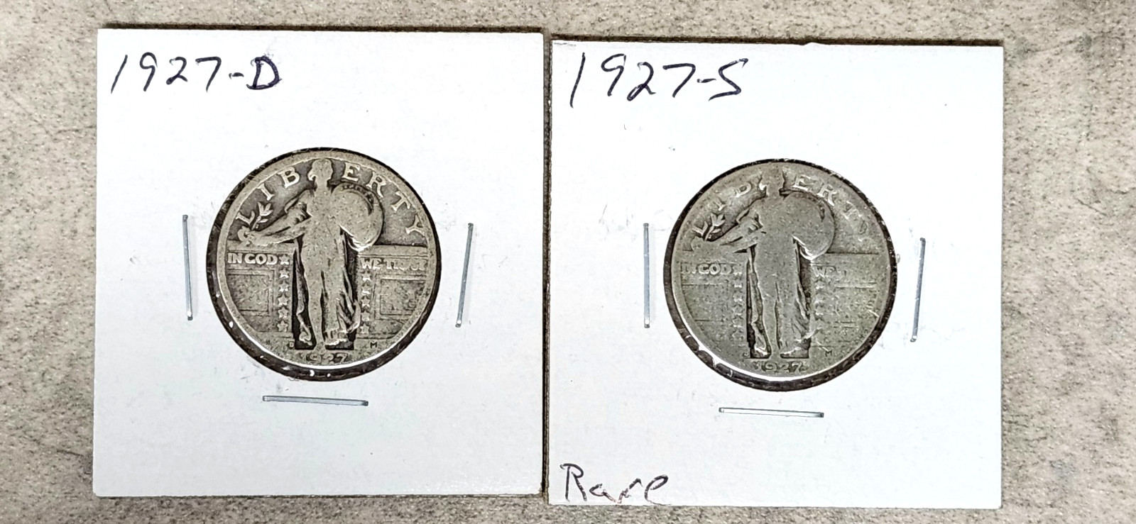 2 Coin Lot - 1927-D & S Standing Lib. Quarters - Better Dates - Decent Grade