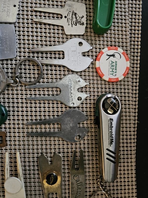 Lot Of 50+ Vintage Golf Ball Markers, Divot Tools, And Spike Tools.