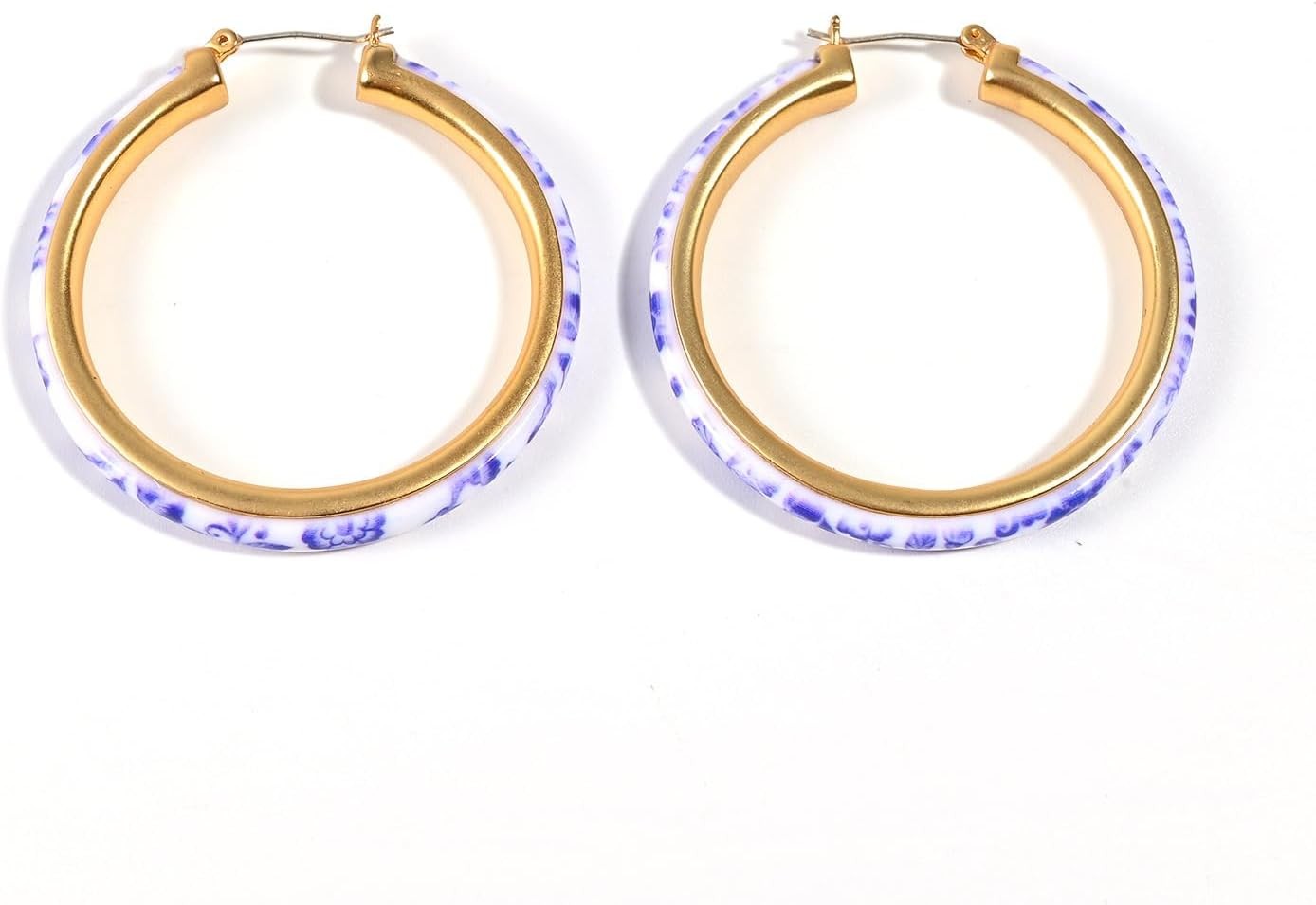 Blue and White Porcelain Hoop Earrings for Women Needle Vintage Big Round...