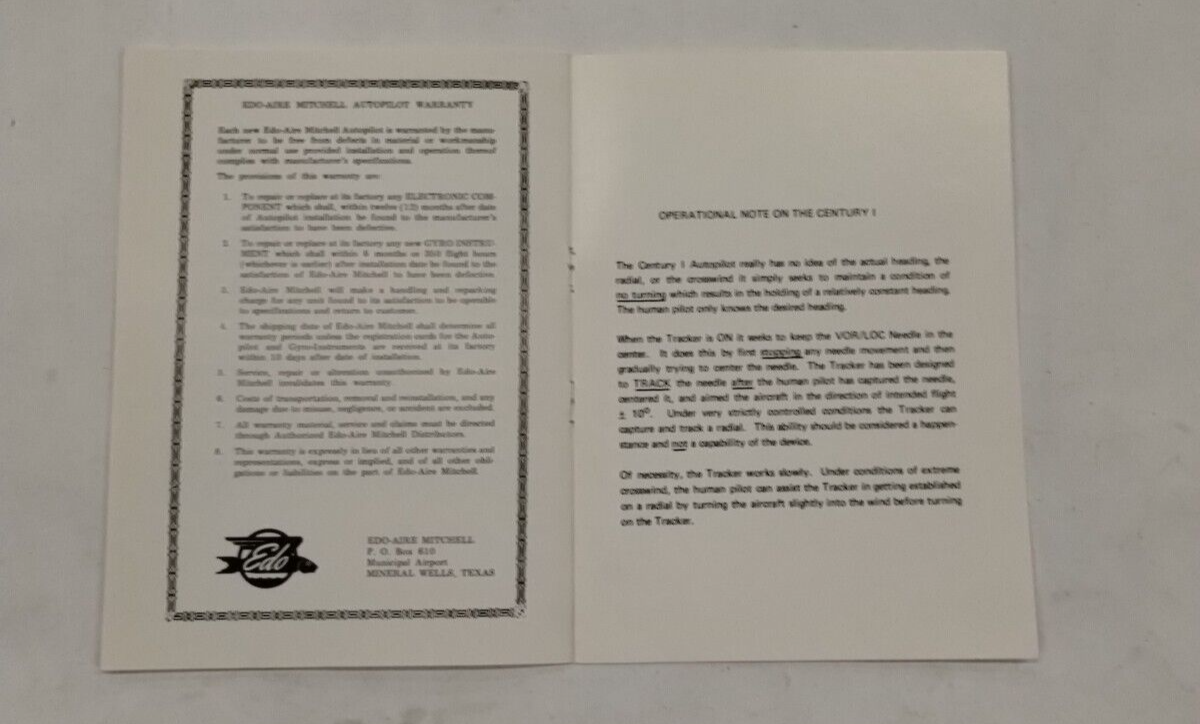Edo-Aire Mitchell Century I Automatic Flight System Pilots Operating Manual-Orig