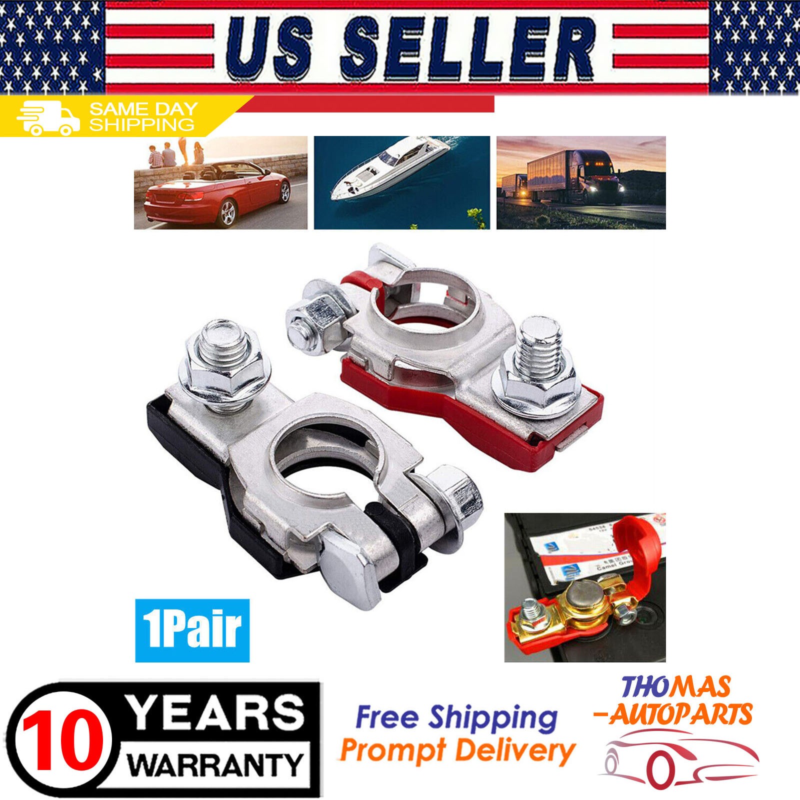2x US Car Battery Terminal Clamp Connectors Positive Negative Release Disconnect