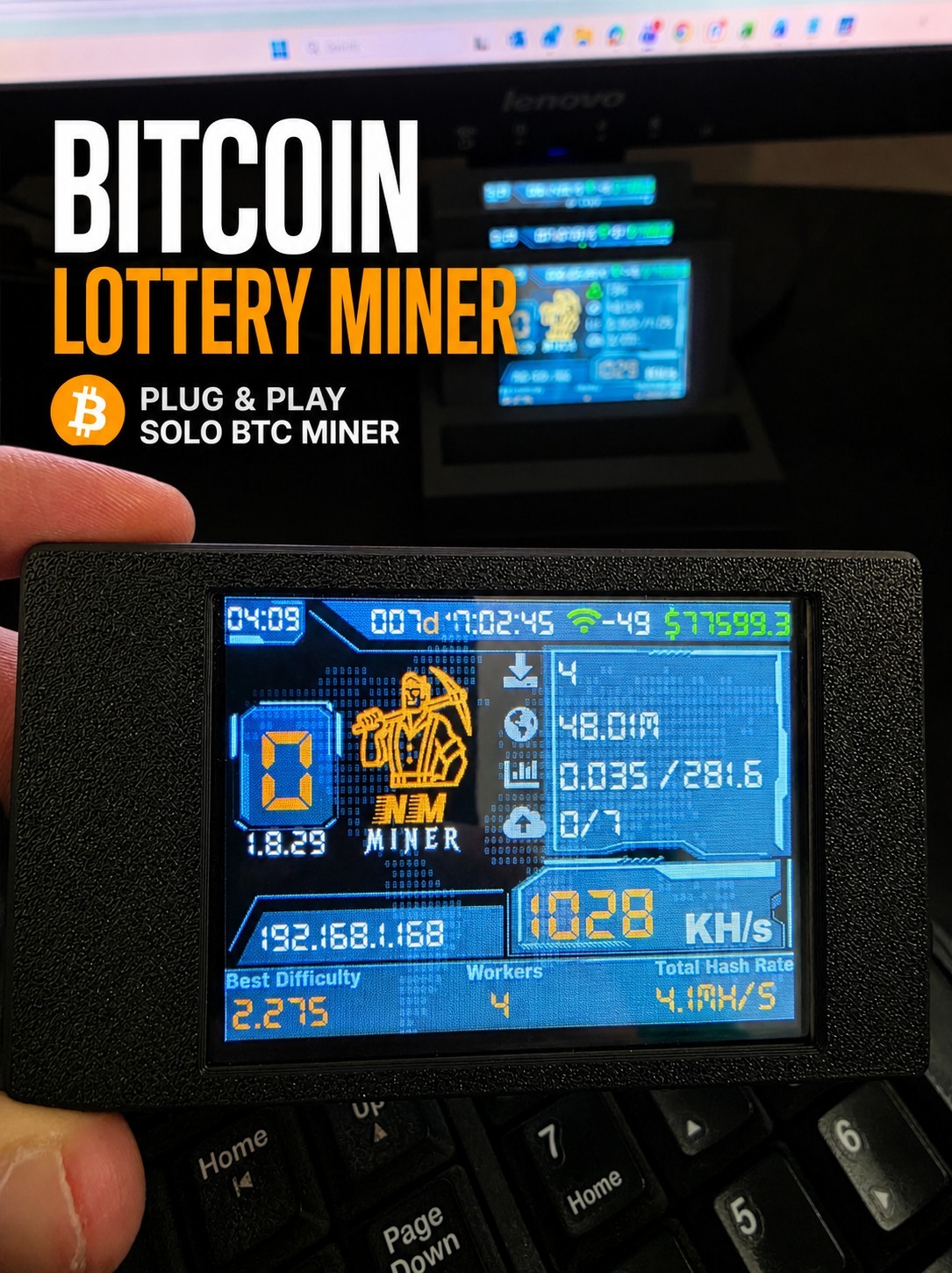 Bitcoin BTC Solo Lottery Miner 1000KH/s WiFi Plug & Play Live Display ESP32