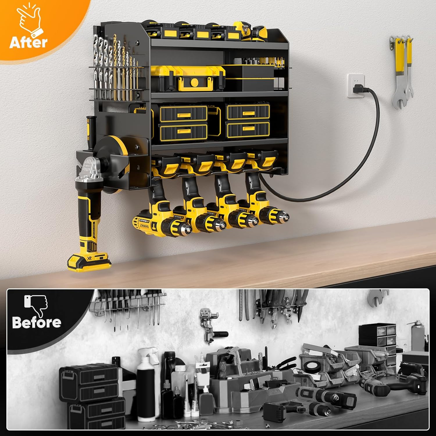 Power Tool Organizer Wall Mount with Charging Station,Tool Storage Rack with 8 O