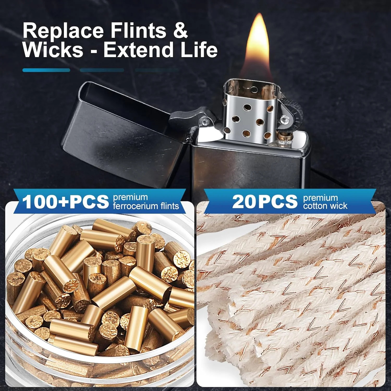 Lighter Flints 100+ Pcs and Cotton Wicks 20 Pcs, Premium Lighter Repair Kit, Com
