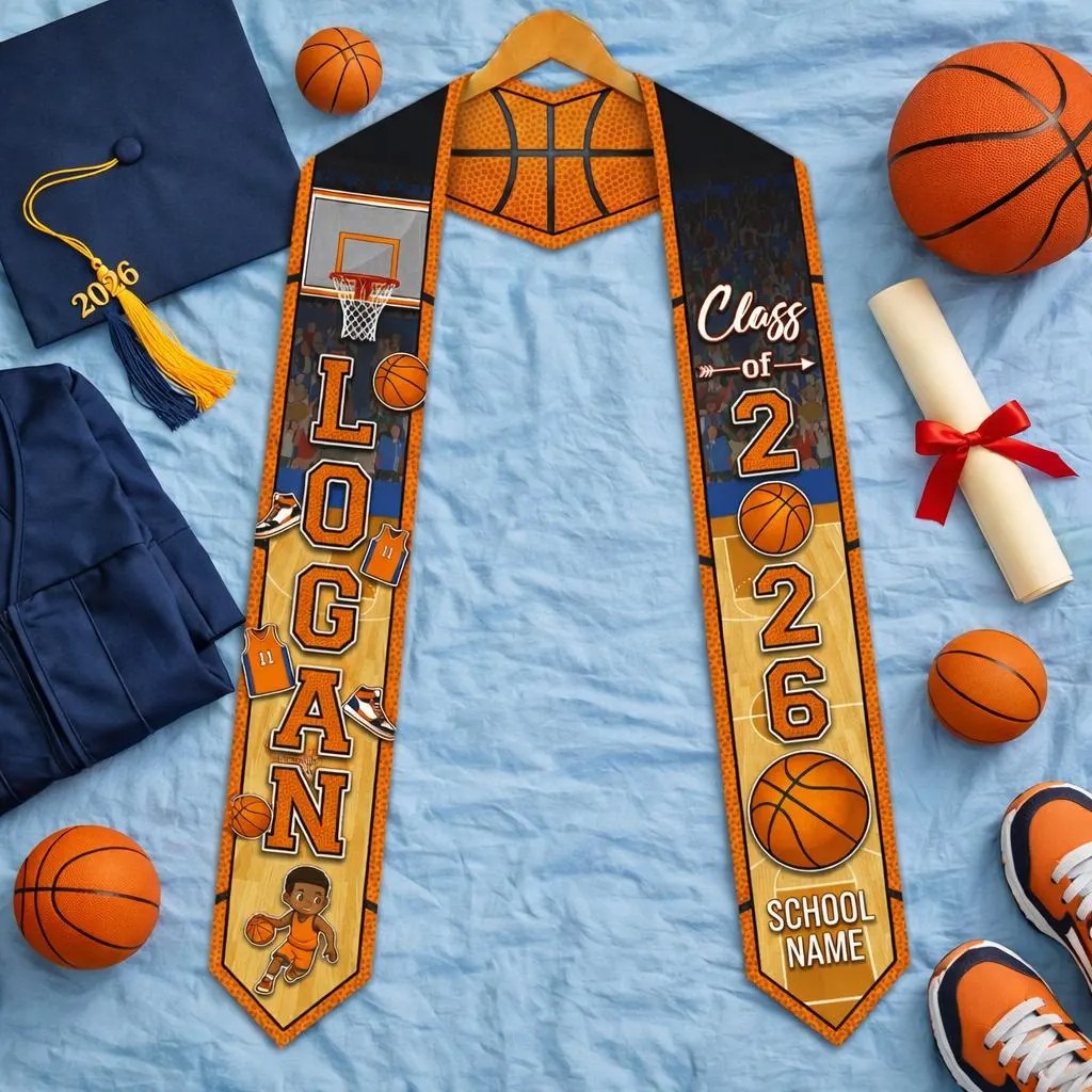 Personalized Basketball Graduation Stole 2026, Custom Name Class of 2026 Gift