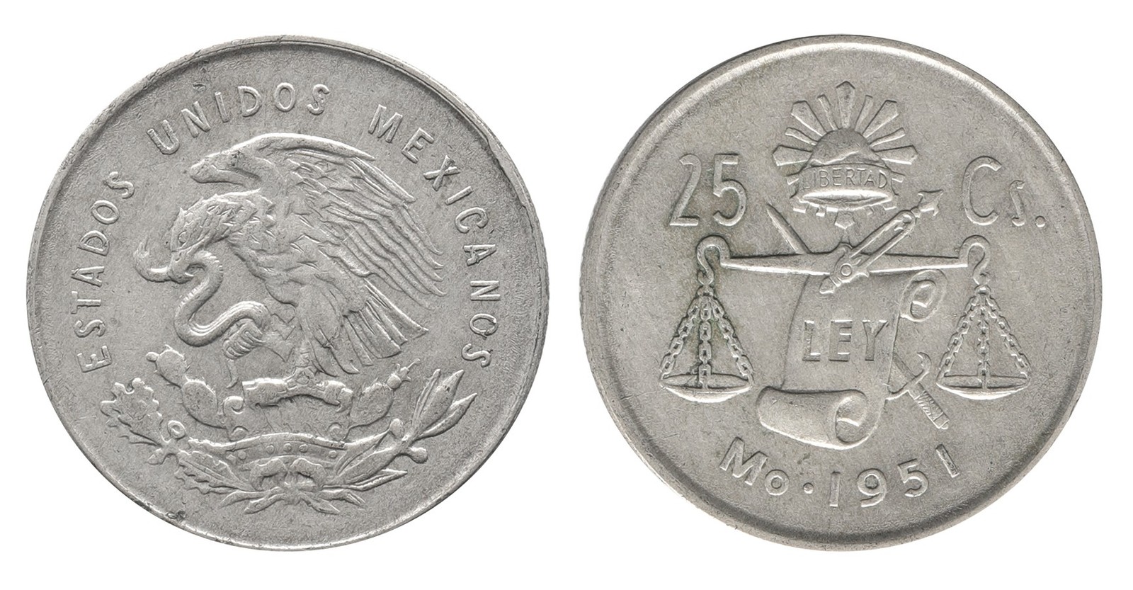 Mexico 25 Centavos, 1950-1953, KM #443, VF-Very Fine