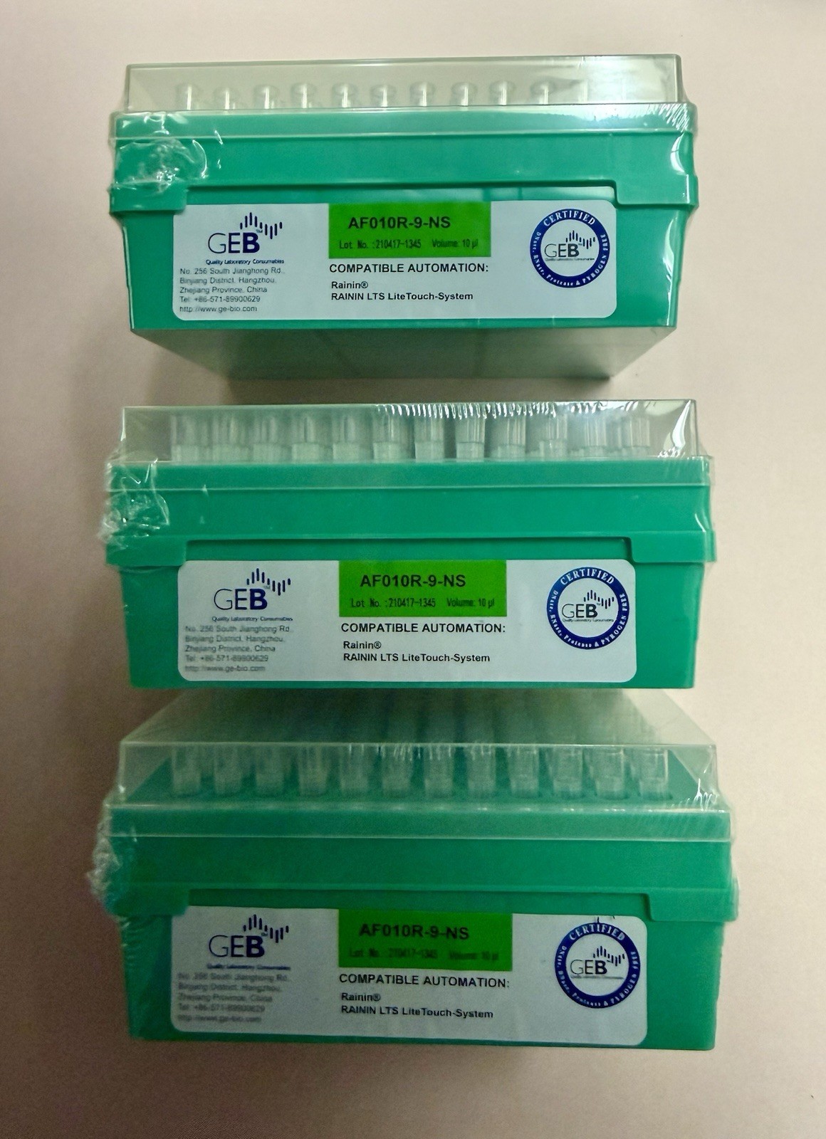 3-Pack GEB AF010R-9-NS 10µL Filter Pipette Tips Rainin LTS Compatible Sterile