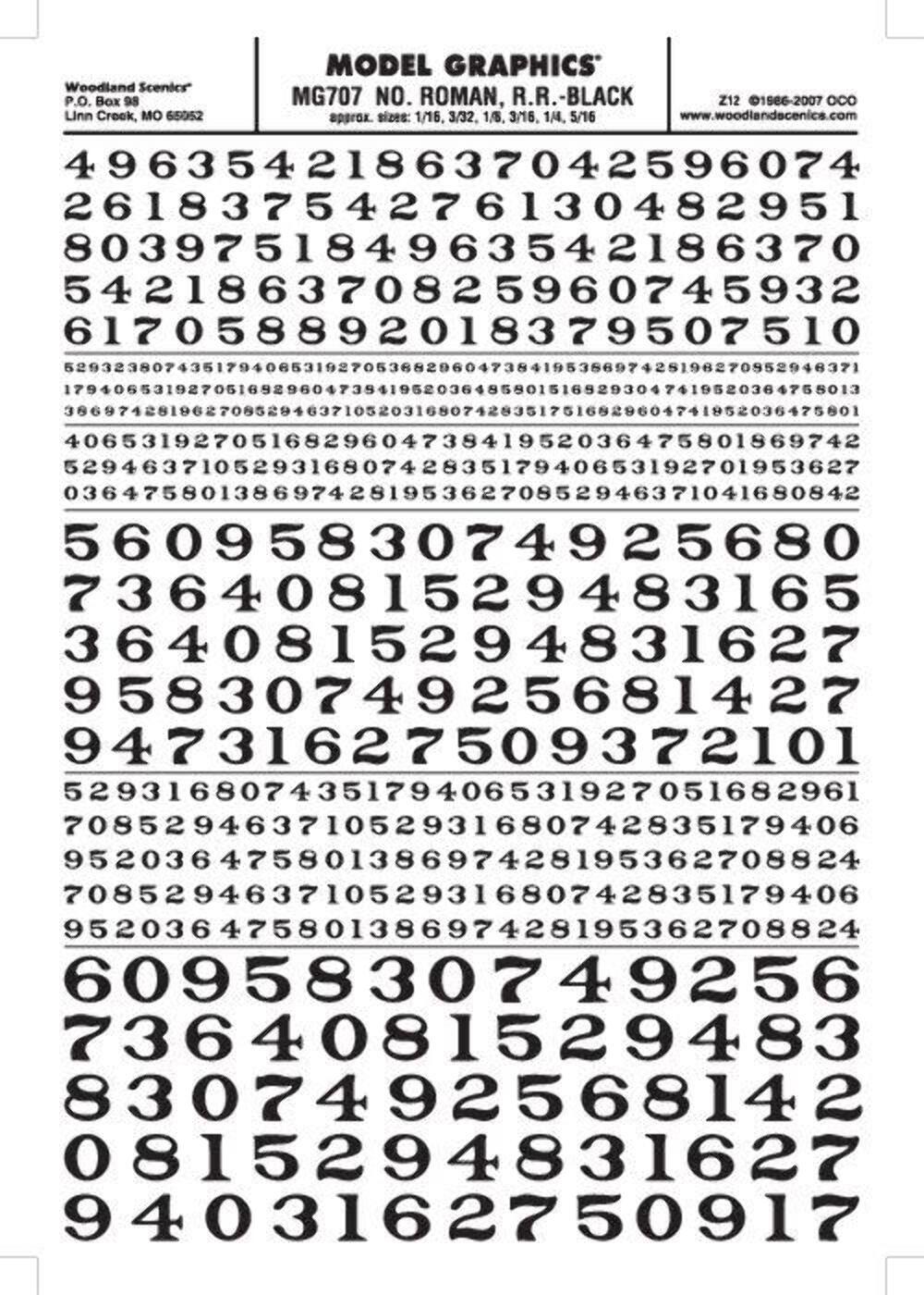 NEW Woodland Train Decal Sheet Roman R.R. Numbers Black 1/16-5/16" MG707