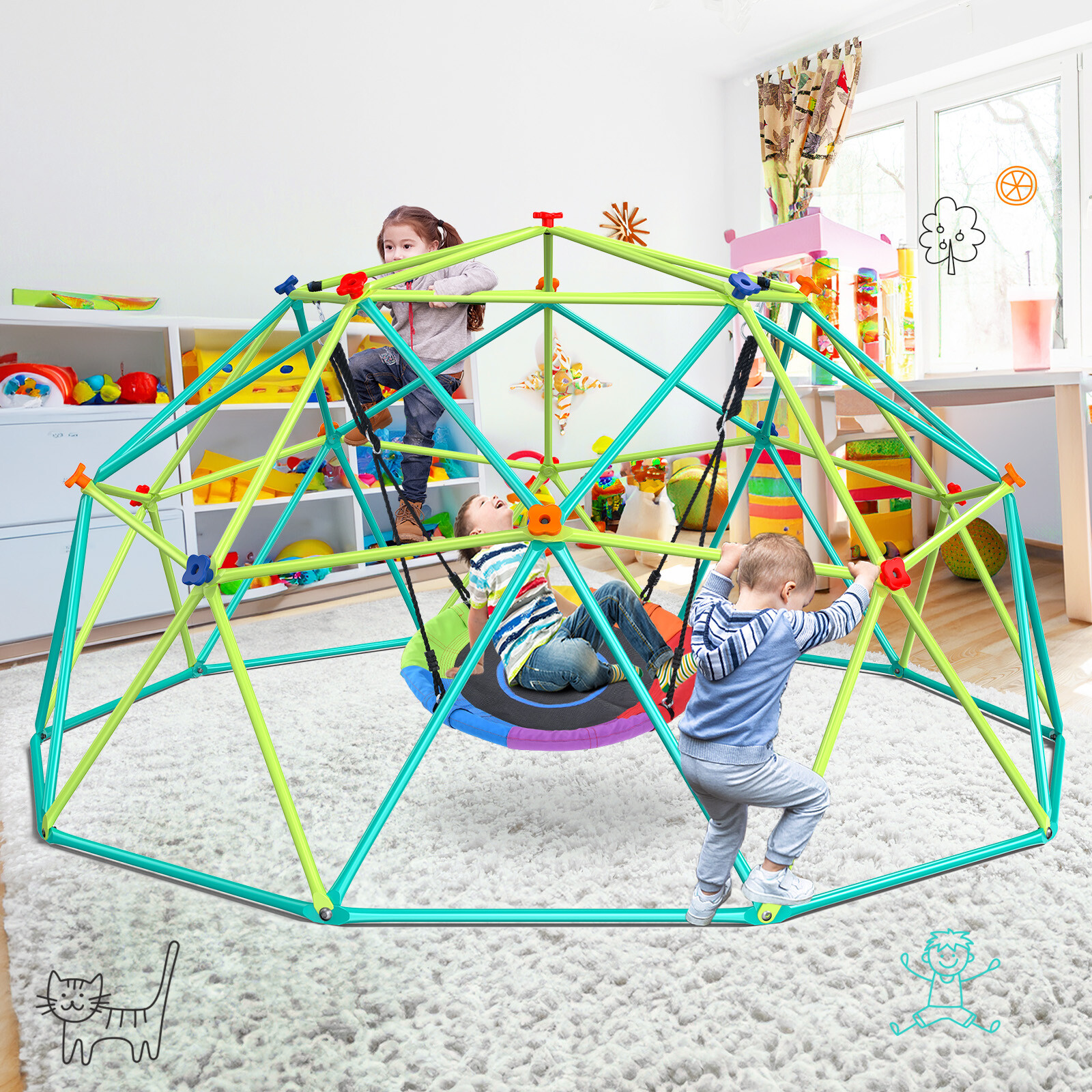 Hapfan 10ft Climbing Dome with Saucer Swing Jungle Gym for Kids Outdoor Backyard